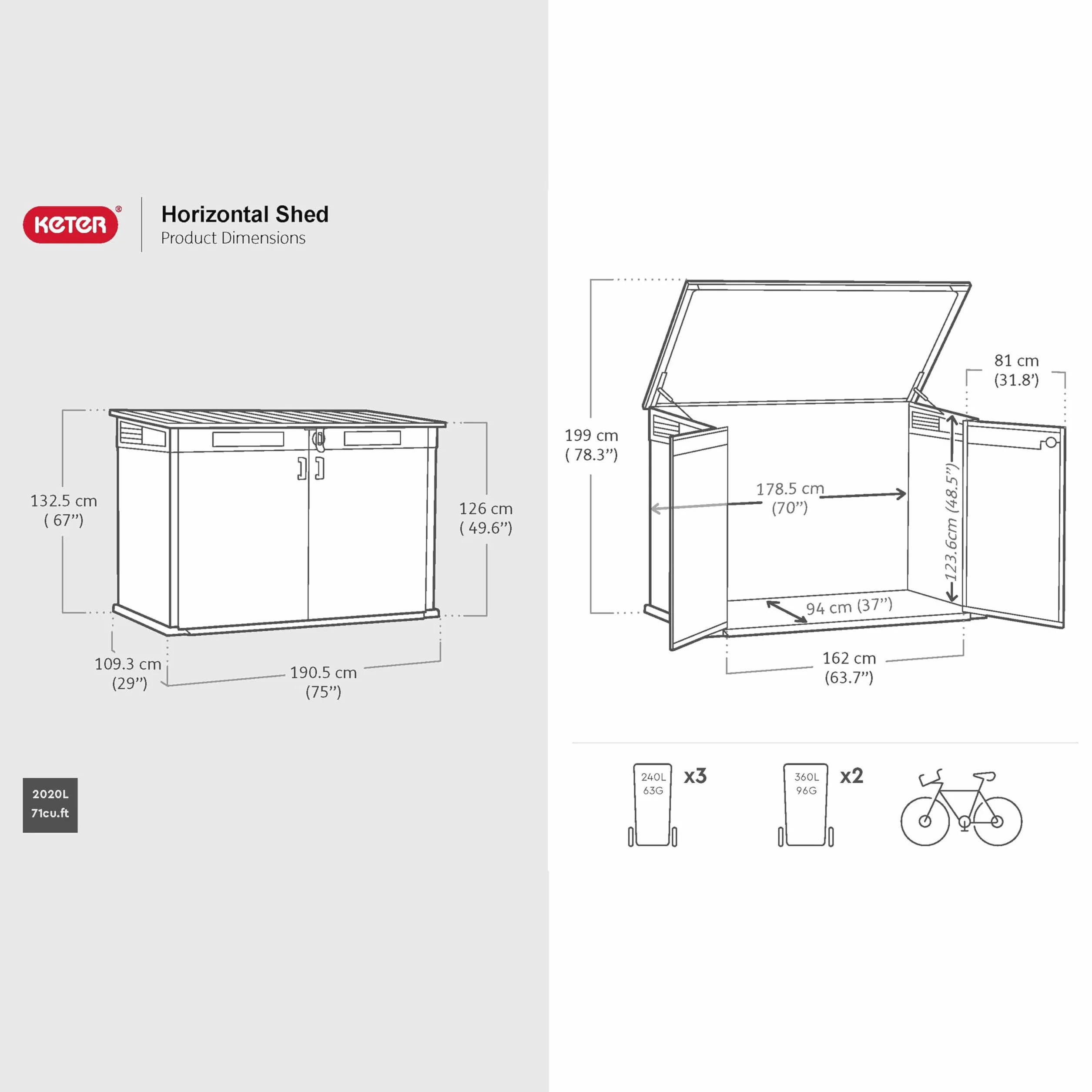 Keter Cobertizo horizontal de jardín Exterior 2020L Marrón Efecto madera 190x109x133 cm