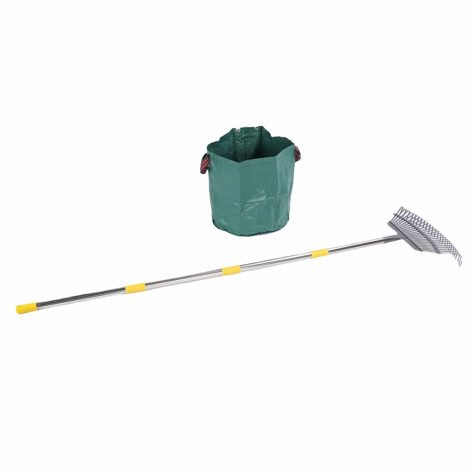 Rastrillo de jardín de hojas de metal, extraíble y ajustable, rastrillo de hojas resistente con bolsa reutilizable para patio exterior