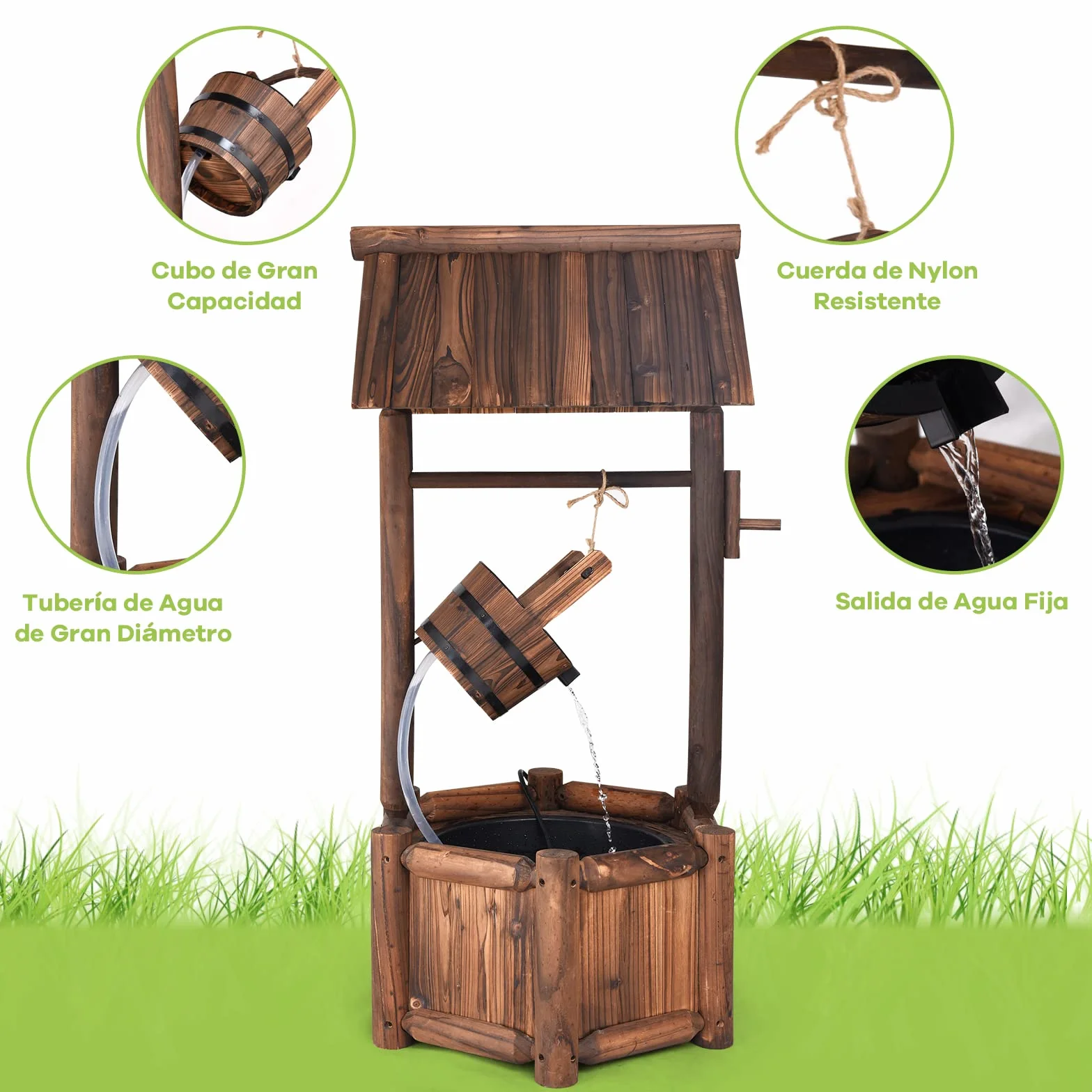 COSTWAY Fuente de Pozo de Deseos de Agua, Rústica de Madera al Aire Libre de Jardín, Decorativa de Patio Con Bomba Eléctrica