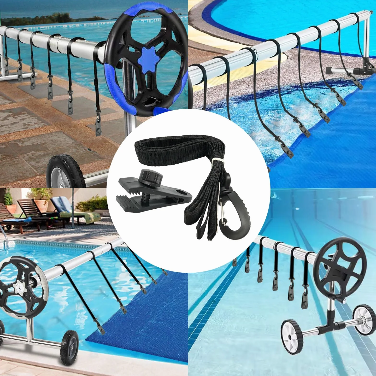 Kit de Fijación de Carrete de Cubierta Solar, 8 Bandas de Sujeción y Pinzas para Enrollador de Piscina