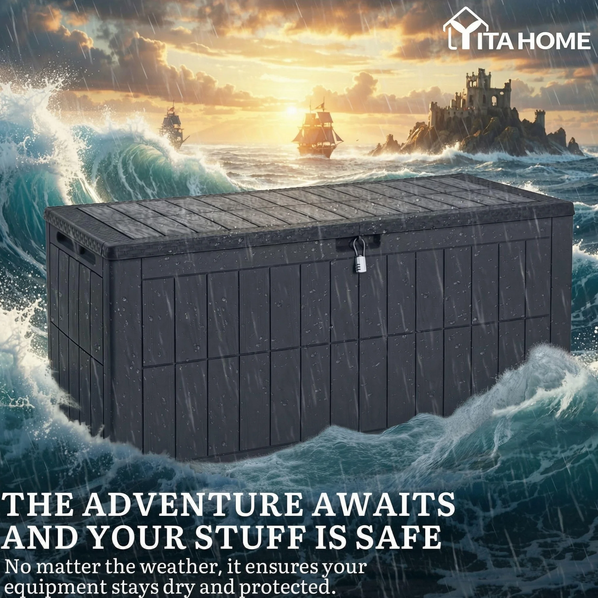 YITAHOME Caja de almacenamiento exterior 120 galones impermeable con cerradura banco mesa