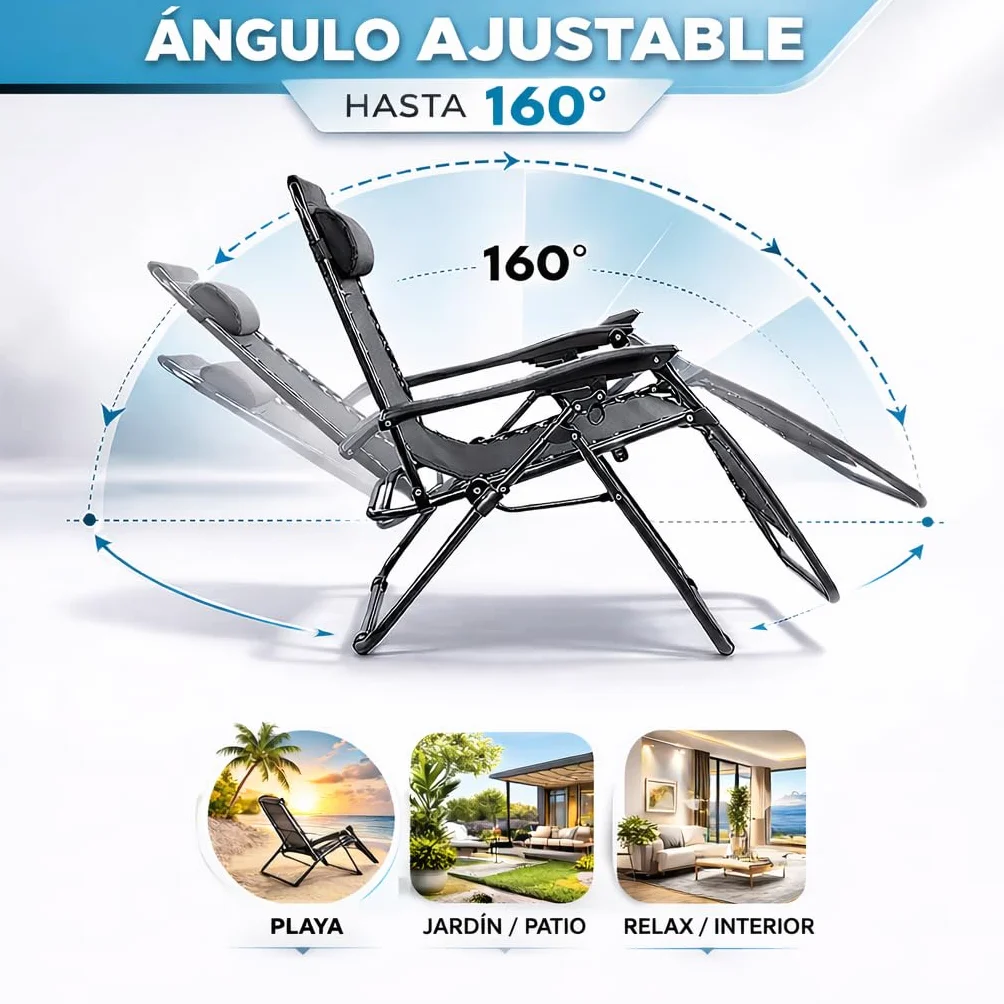 Tumbonas Plegables Exterior 150kg Portavasos Reposacabezas Pack 2