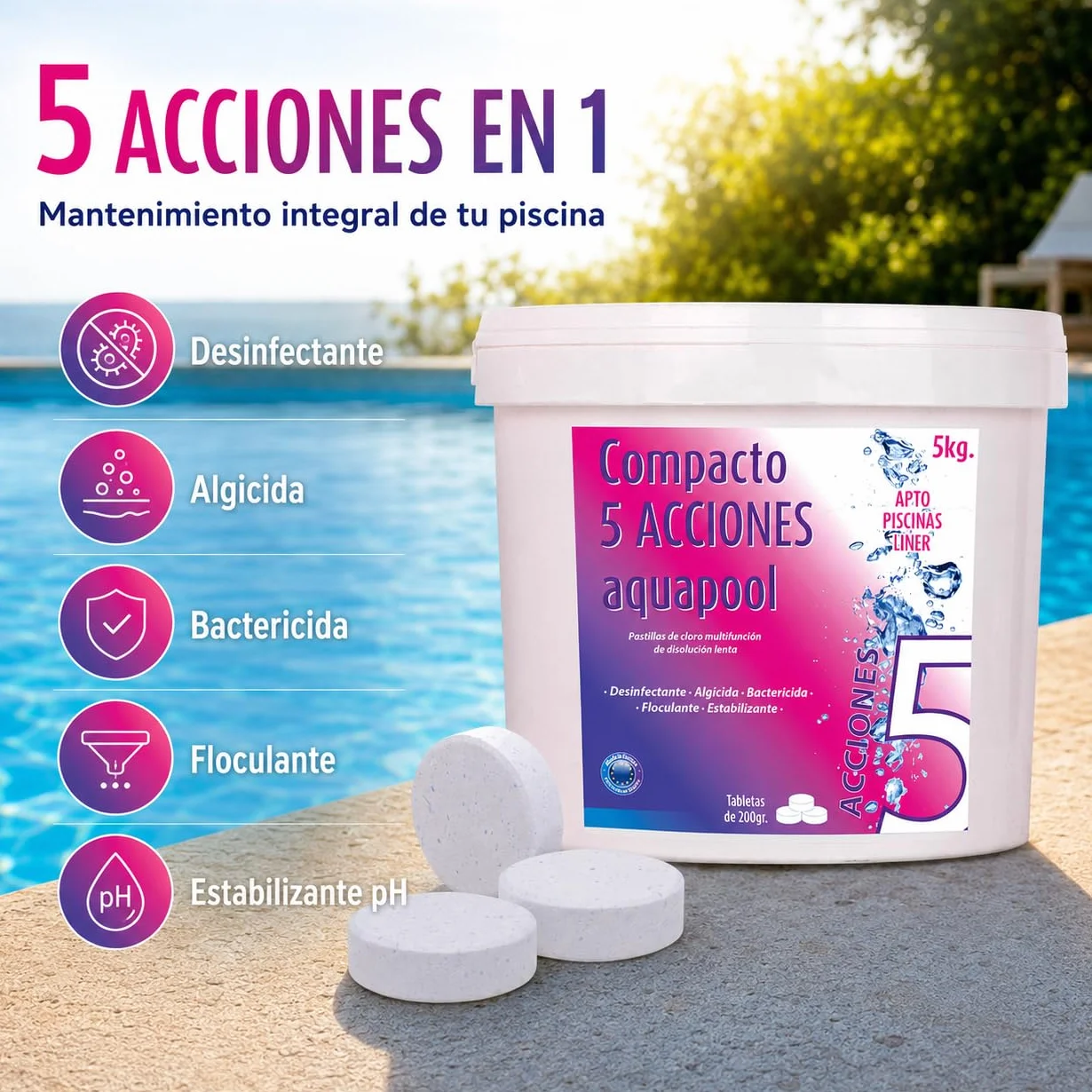 Compacto 5 ACCIONES AQUAPOOL Pastillas de Cloro multifunción 5 KG Disolución Lenta Piscinas Liner