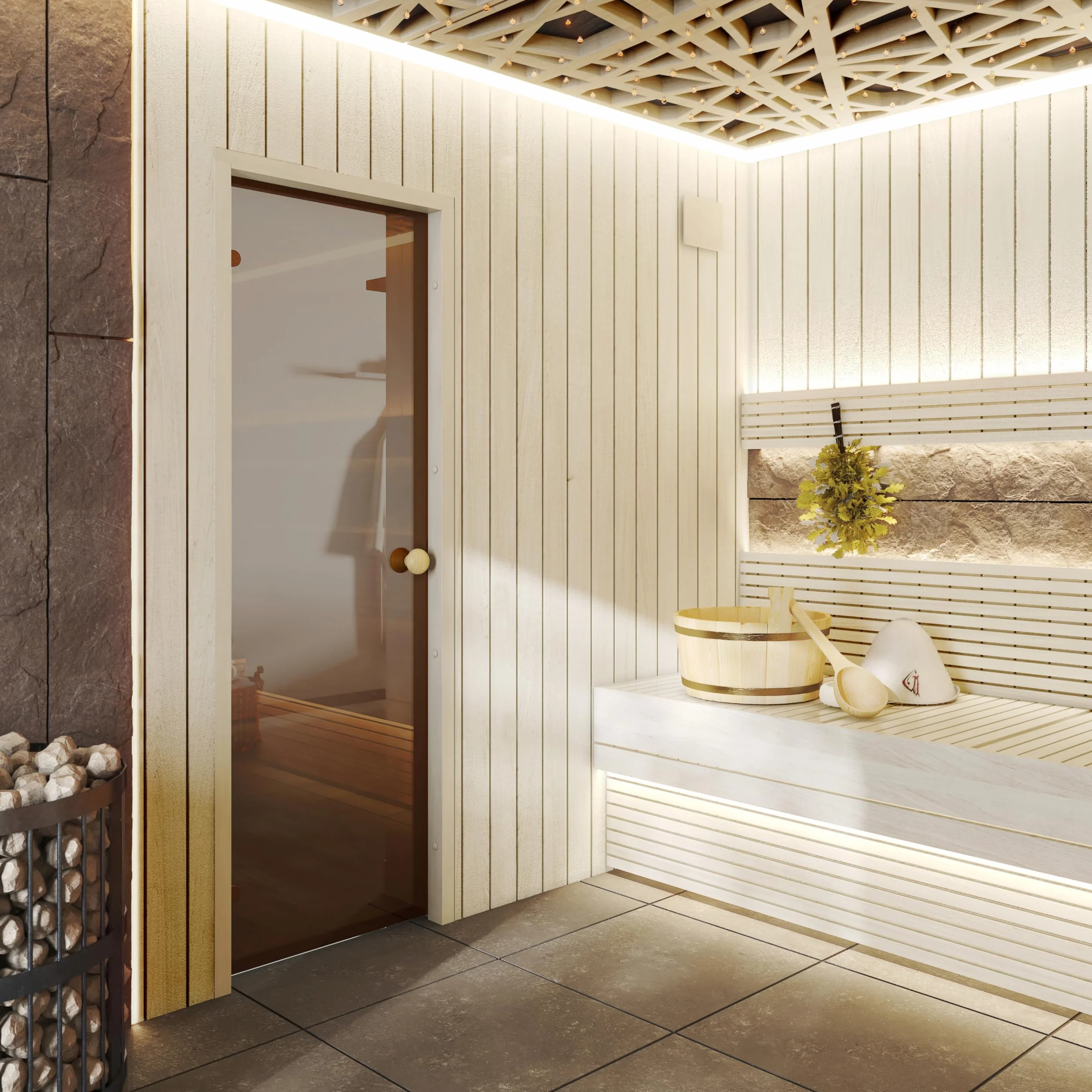 Puerta de sauna ESSENTIAL – Vidrio templado de seguridad de 8 mm, marco de madera laminada, montaje a derecha/izquierda (bronce/álamo, 60 x 190)