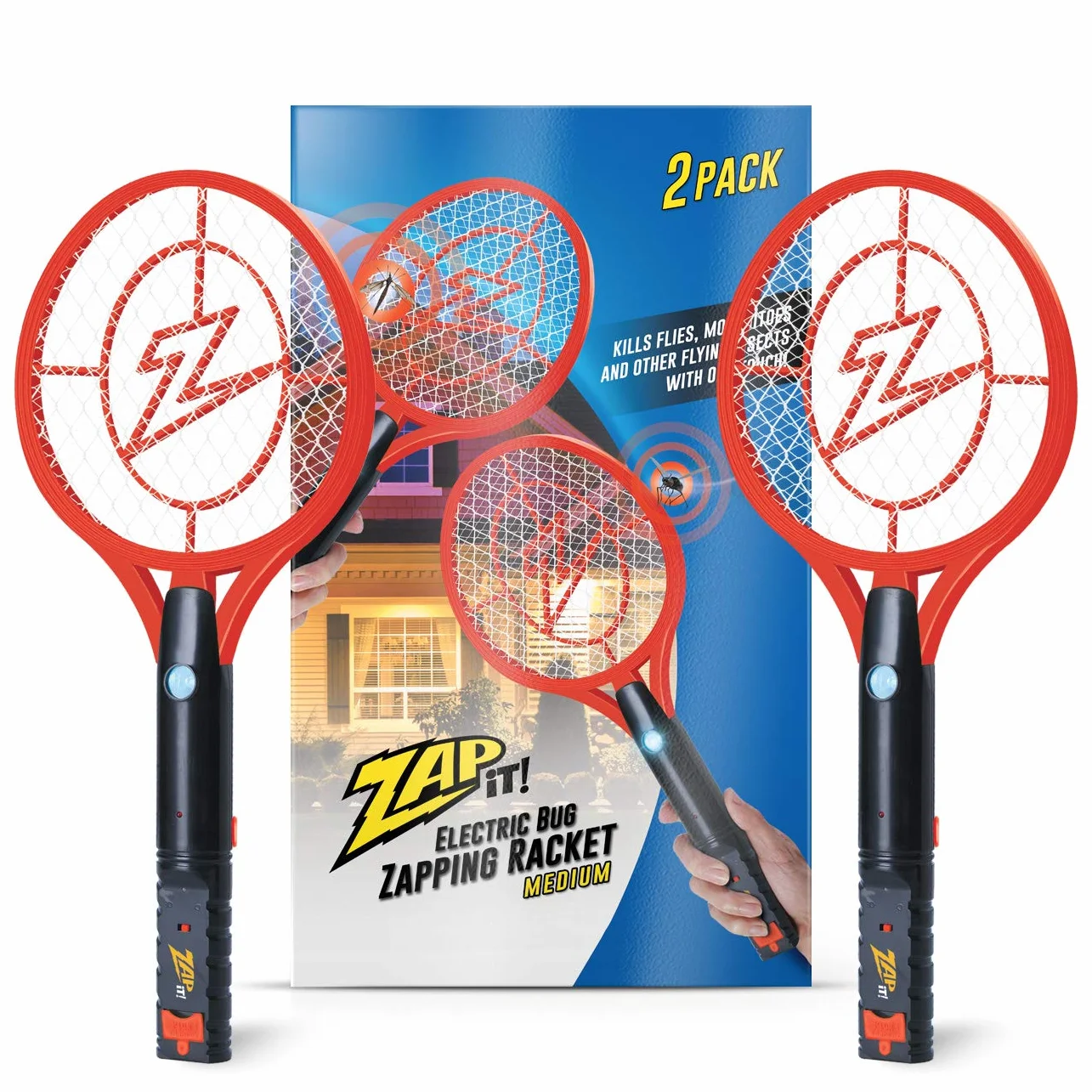 Zap It Bug Zapper - Raqueta de matamoscas recargable, matamoscas eléctrico, exterminador de mosquitos, 4,000 voltios, cable de carga USB, paquete de 2 (mediano, rojo) | Matamoscas de alto voltaje, matamoscas recargable, luz LED, función de carga USB