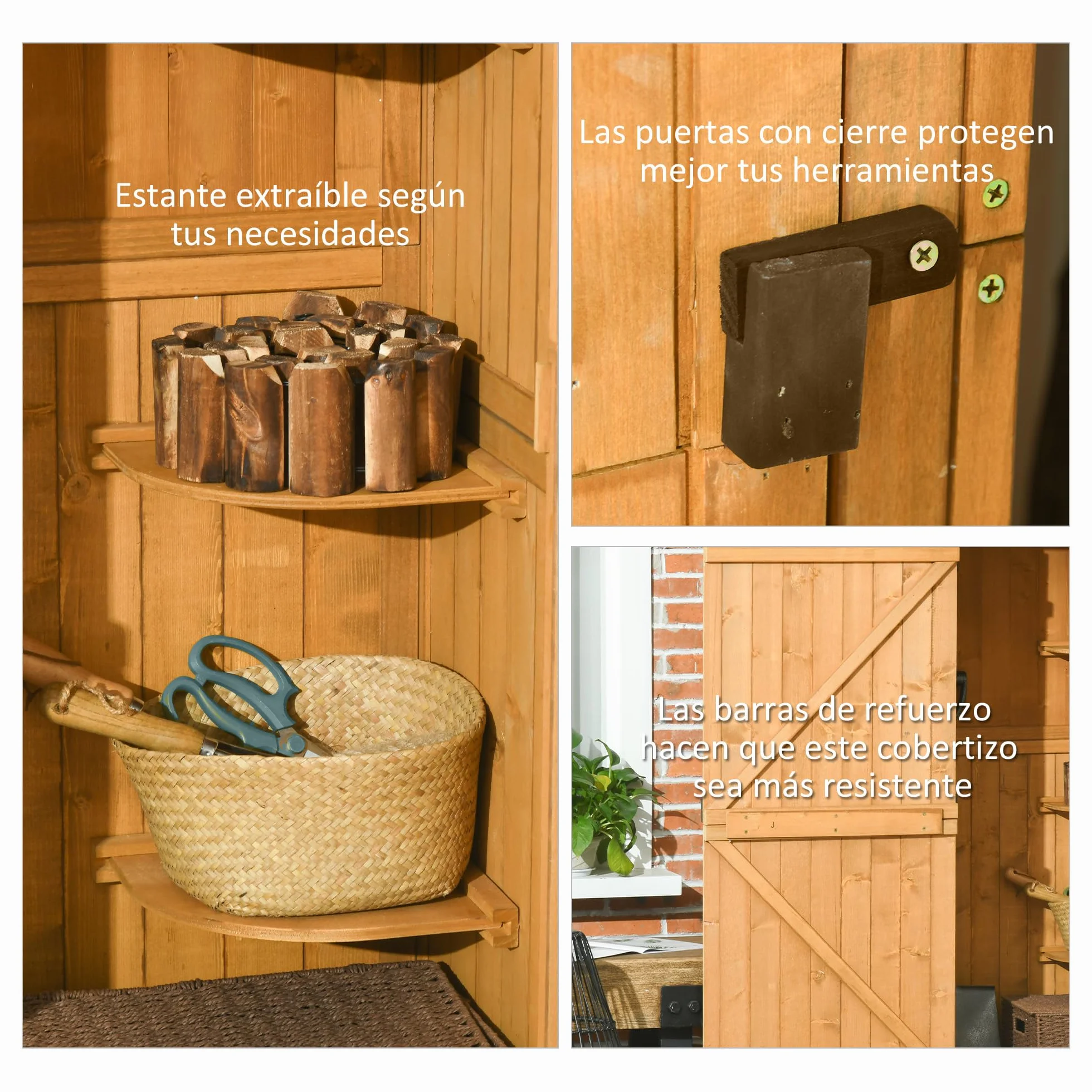 Outsunny Armario de Jardín Madera 77x54,2x179 cm Cobertizo Almacenaje Herramientas 3 Estantes 2 Puertas Cerrojo