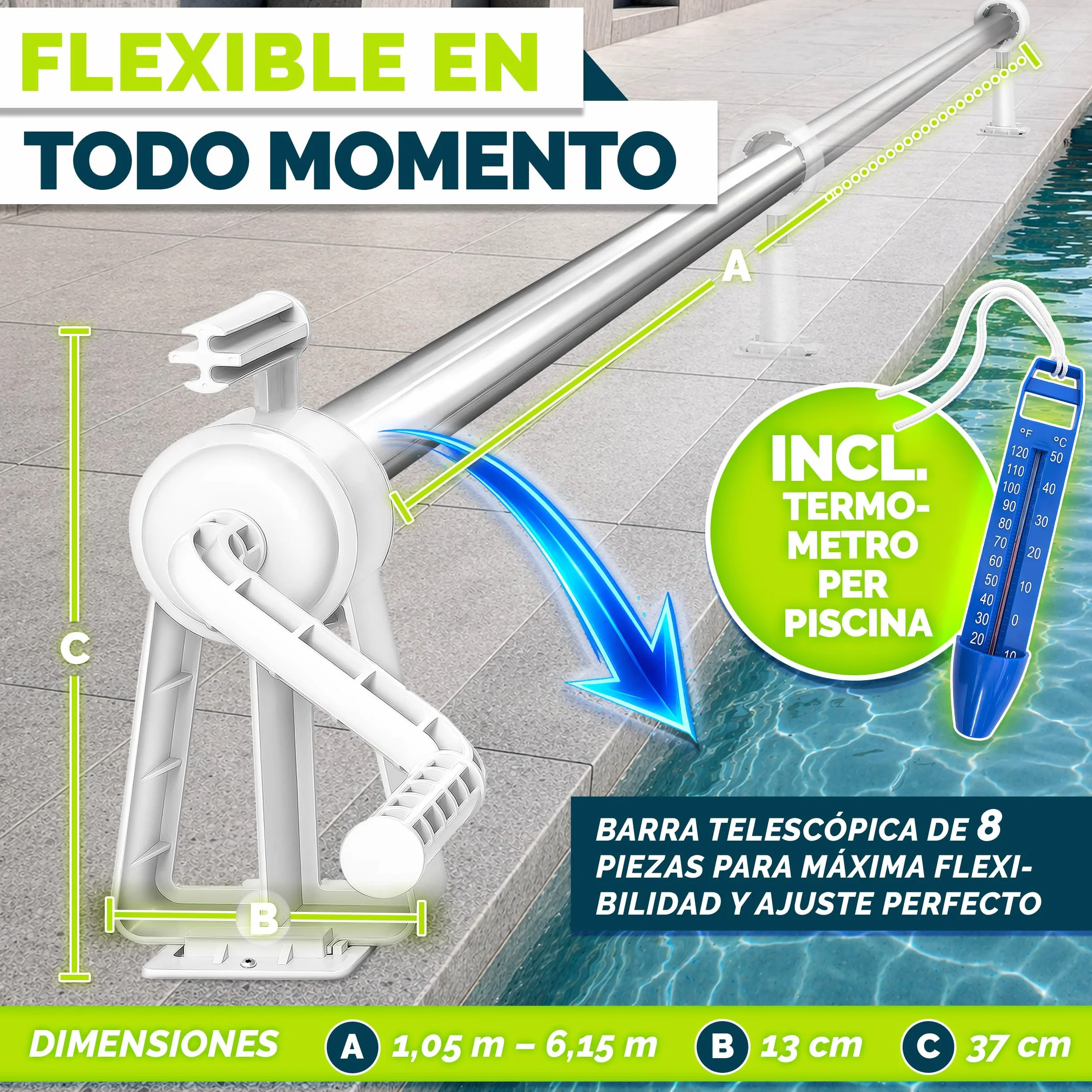 Tillvex Enrollador de Cubiertas para Piscinas 1,05-6,15 m con Termómetro Sistema Móvil de Enrollado para Lonas Láminas Solares