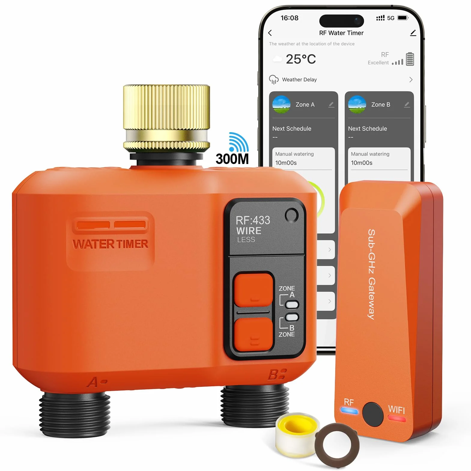 Programador de Riego WiFi 2 Salidas 300 Metros RF Entrada de Latón Retardo Lluvia Temporizador Automático Jardín Compatible Alexa Smart Life