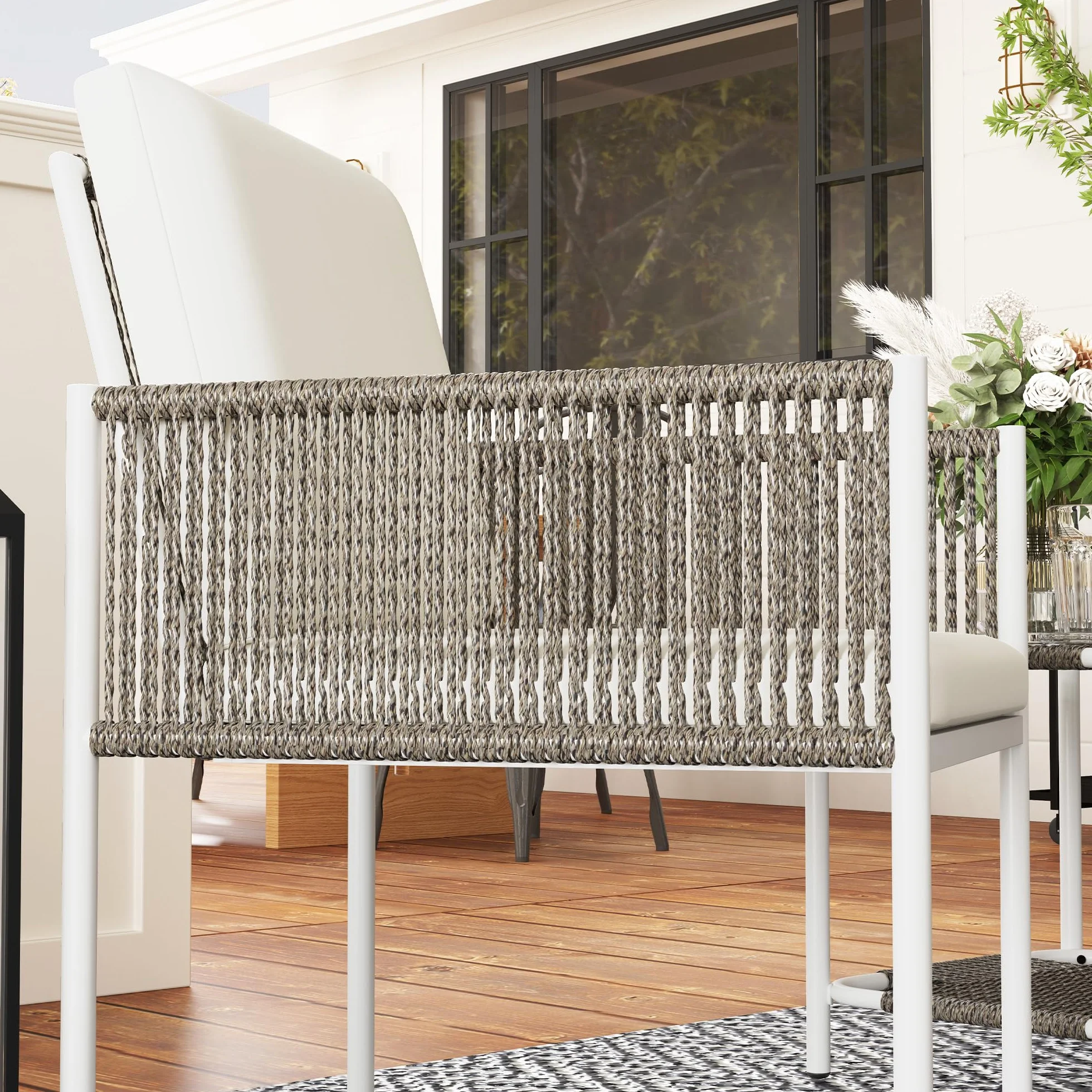 Outsunny Conjunto de Jardín 3 Piezas Mesa y 2 Sillas Ratán con Encimera Vidrio Cojines Acolchados Marrón Crema