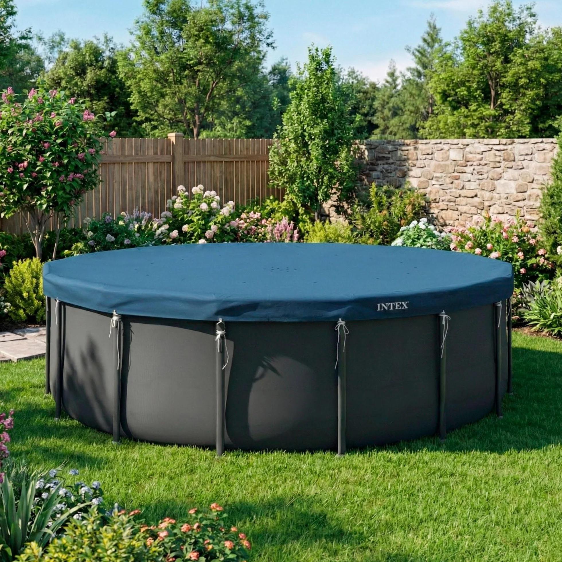 Intex Cobertor Piscina Redonda 5,49 m Azul Oscuro Funda Protectora Circular con Cordón y Drenaje 58016