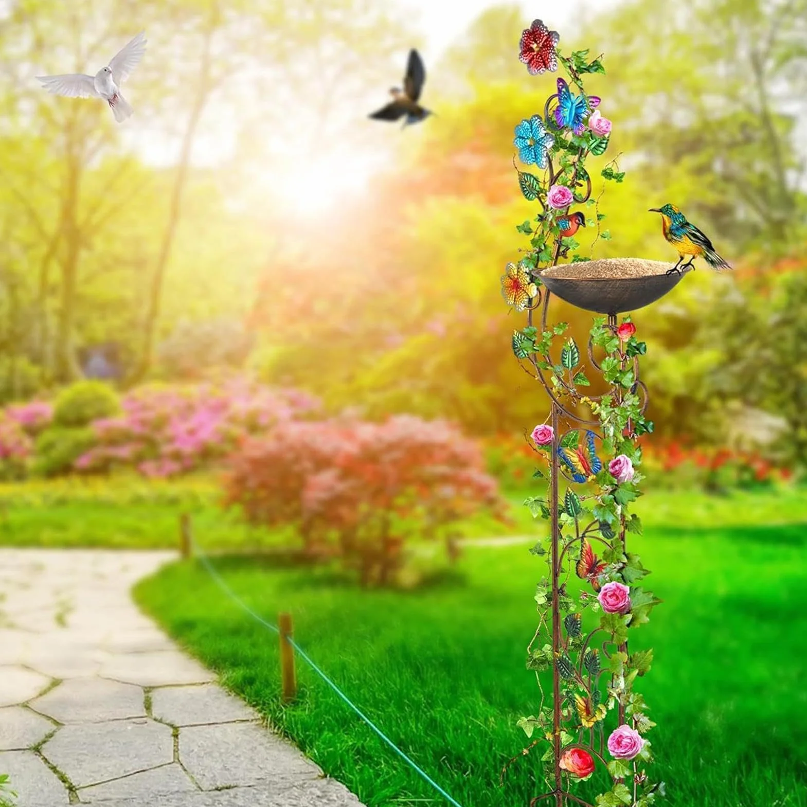 Bebedero para Pájaros con Estaca De Diseño Artístico Y Decorativo | Bebedero de Aves de Pie Para Jardín Patio Césped Patio Trasero Fuente De Agua Decorativa Exterior Cuenco Jardín Césped