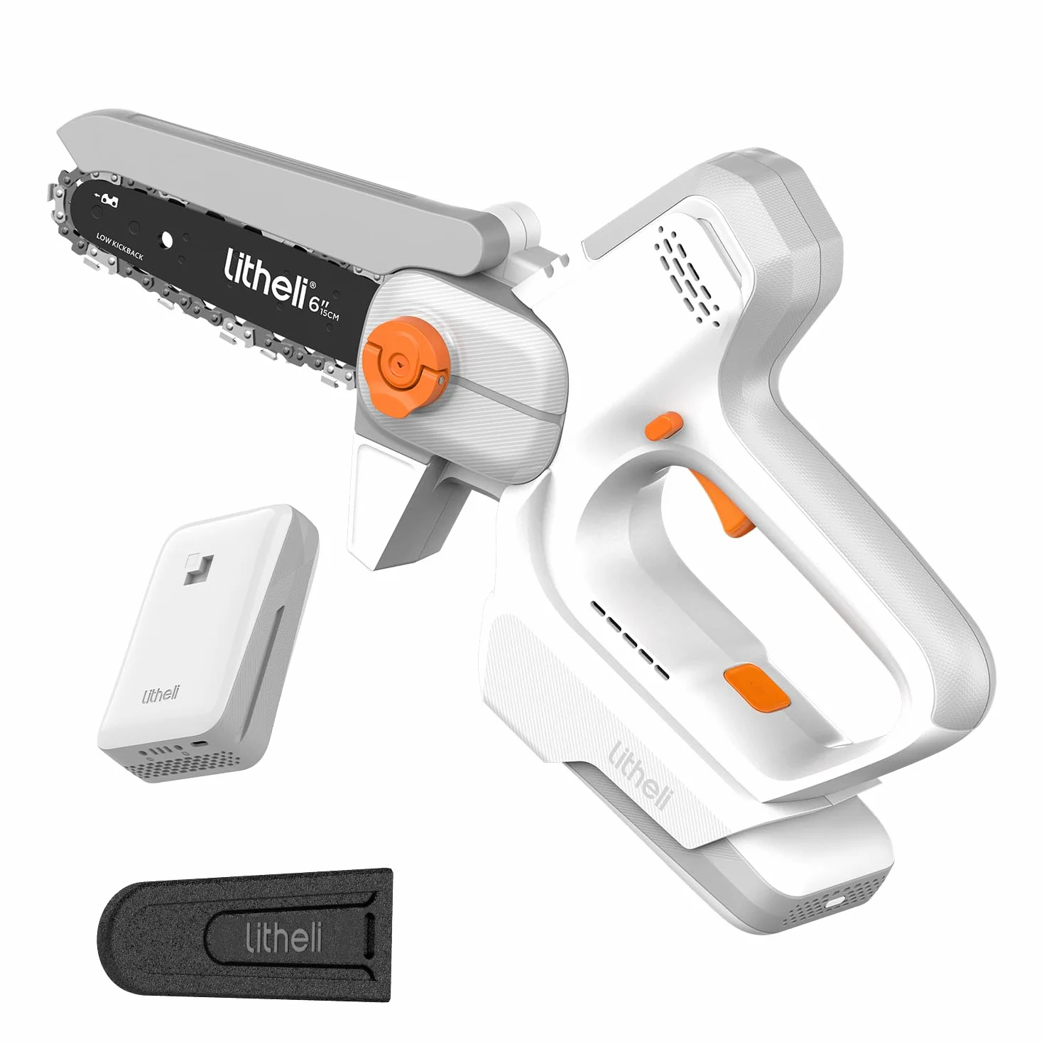 Litheli Mini Motosierra Batería 10000 mAh, 20V, 6 Pulgadas Motosierra de Mano para Podar, Tensión de Cadena Ajustable, Bloqueo de Seguridad, Mini Motosierra Eléctrica para Cortar Madera y Jardines