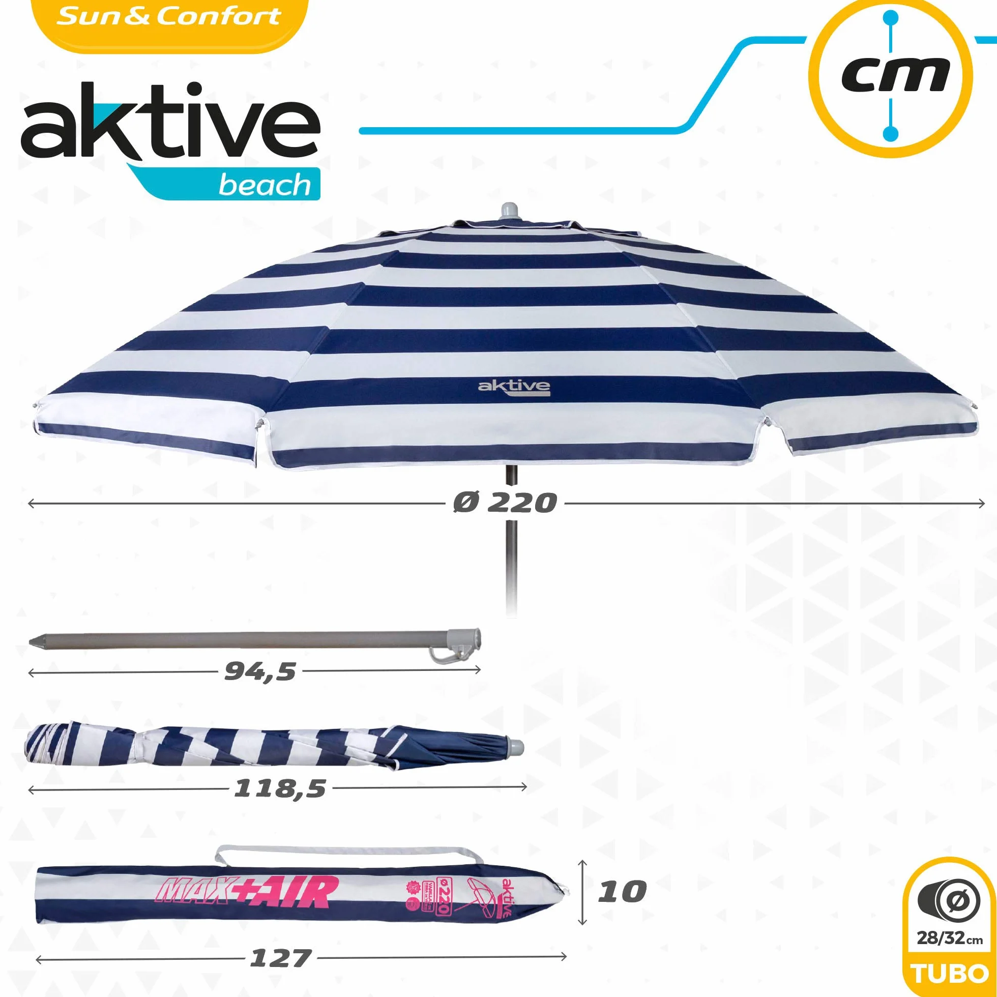 AKTIVE Sombrilla Playa Grande 220 cm, UV50, Inclinable, Regulable Altura, Mástil Acero, Tejido Oxford, 8 Varillas, Funda Transporte