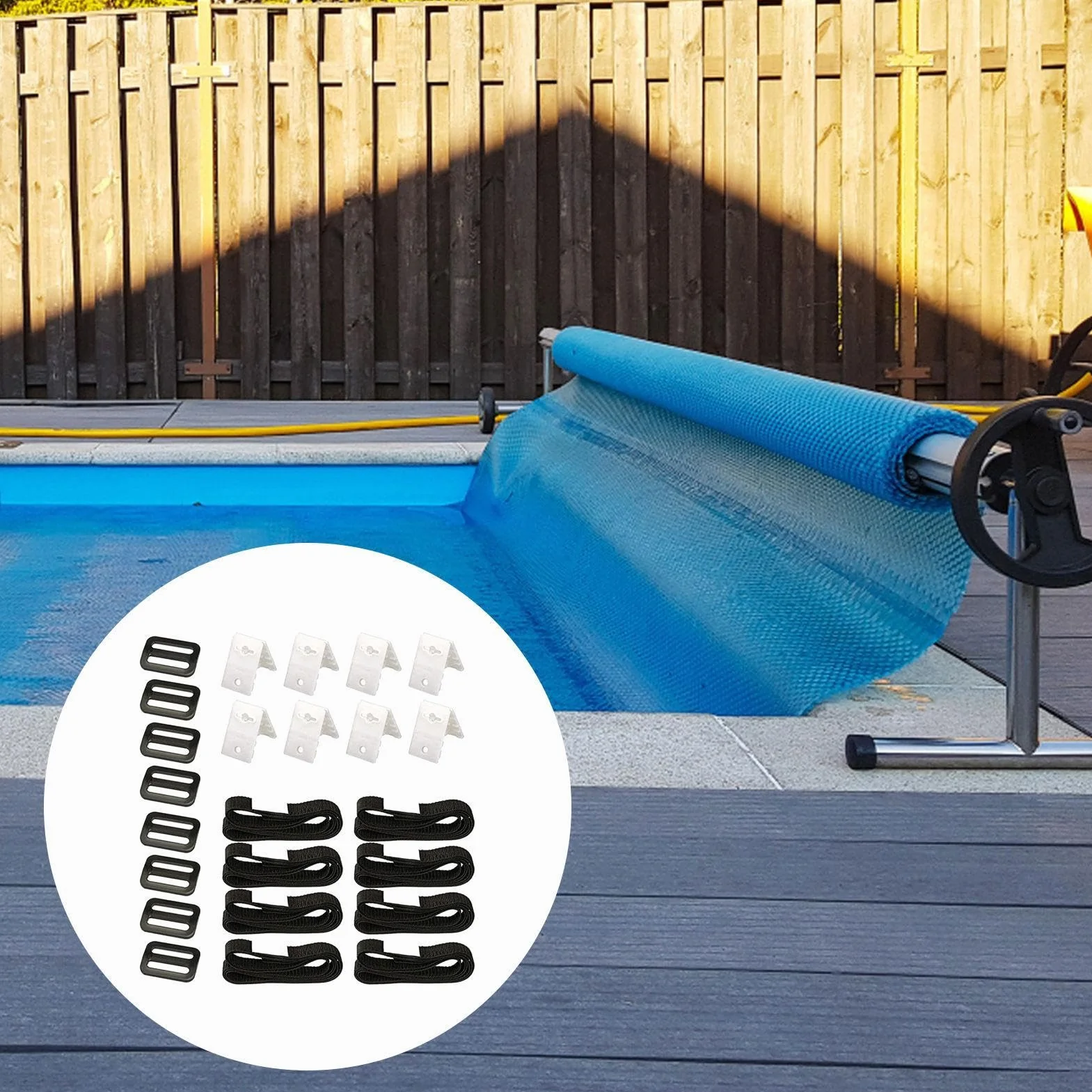 Bandas de sujeción para láminas solares de piscina, juego de 8 fijaciones y abrazaderas