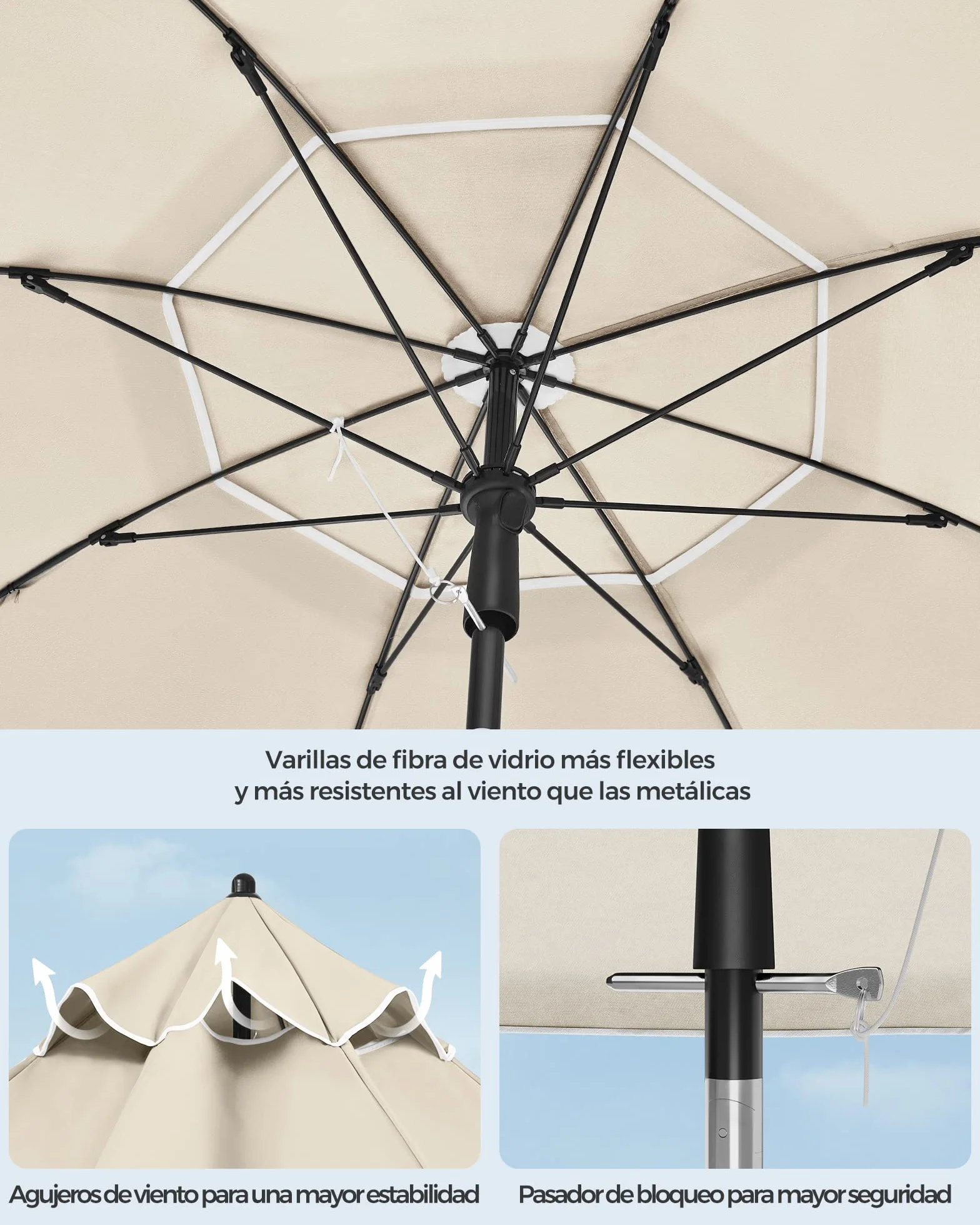 SONGMICS Sombrilla 200 cm UPF 50+ Inclinación Bidireccional 30° Altura Ajustable con Bolsa