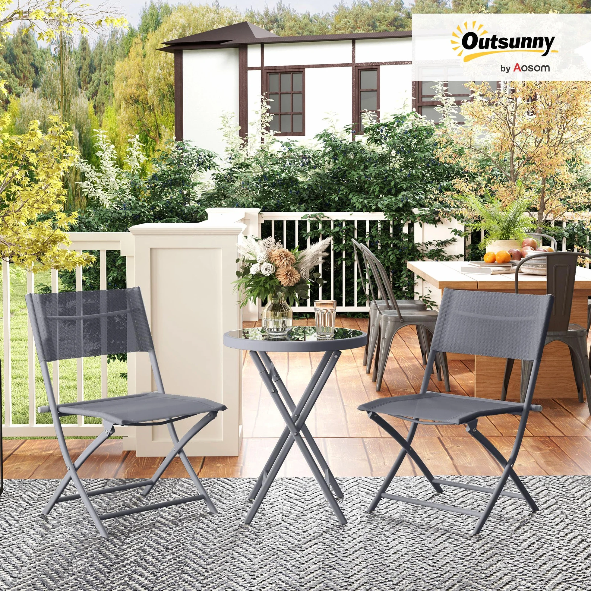 Outsunny Juego de bistro de metal plegable 3 piezas, 2 sillas y 1 mesa redonda, muebles de jardín gris