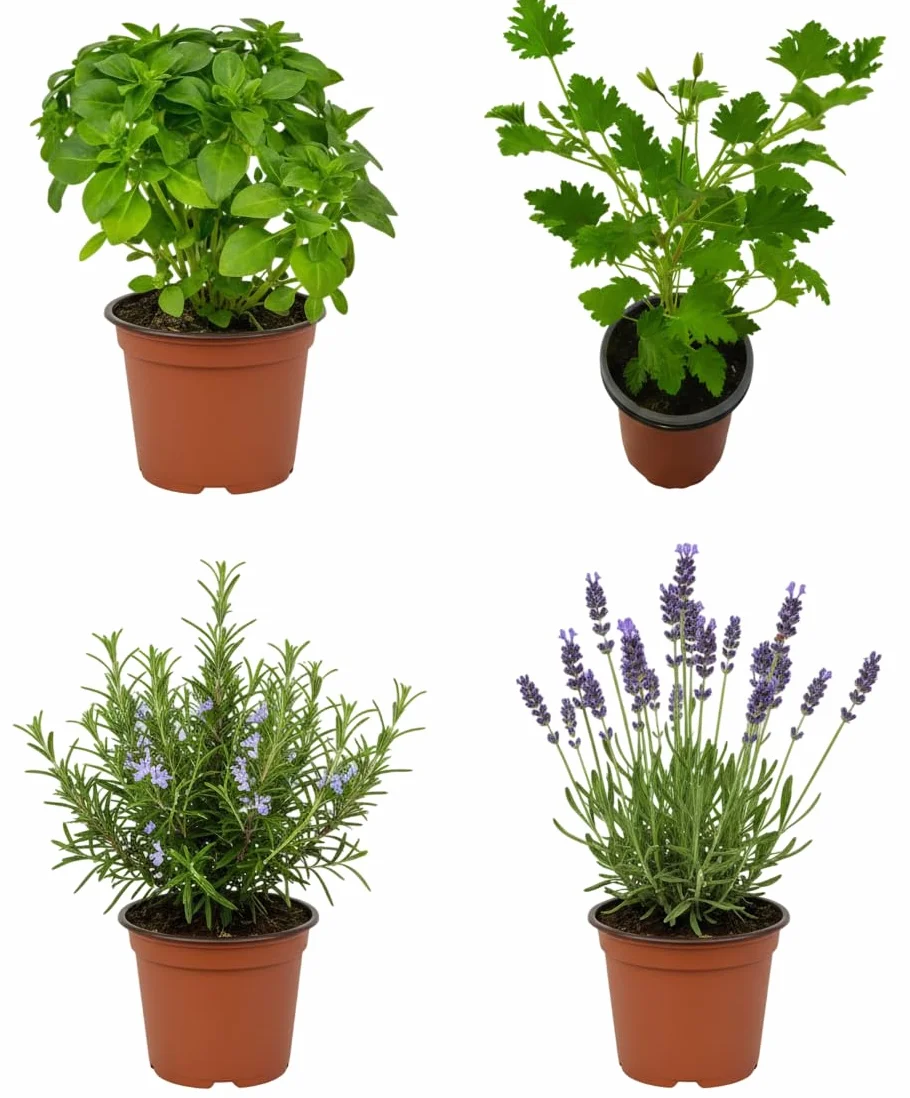 DECOALIVE Pack Rincón Verde Antimosquitos 4 Aromáticas Geranio Citronela Romero Lavanda Albahaca