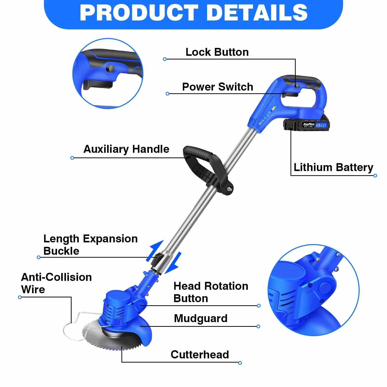 Desbrozadora Eléctrica 21V Ion-Litio Barredora De Hierbas Eléctrica Sin Cable, Ligera Recortadora De Césped, 2* Baterías 1500mAh, 10 Cuchillas Metálicas, 1 Hoja De Sierra Circular, Azul
