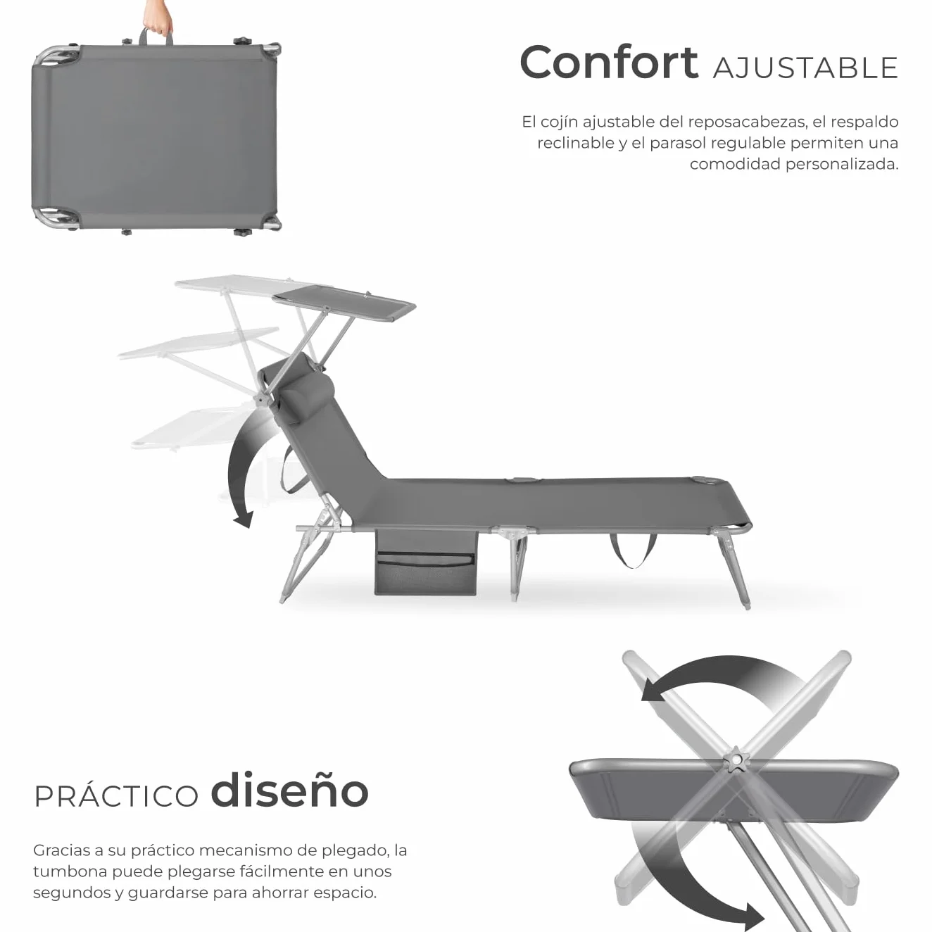 Tectake Tumbona Jardín Exterior Acero Plegable Reposacabezas Parasol Bolsillo Lateral Reclinable 6 Posiciones Resistente Intemperie Gris