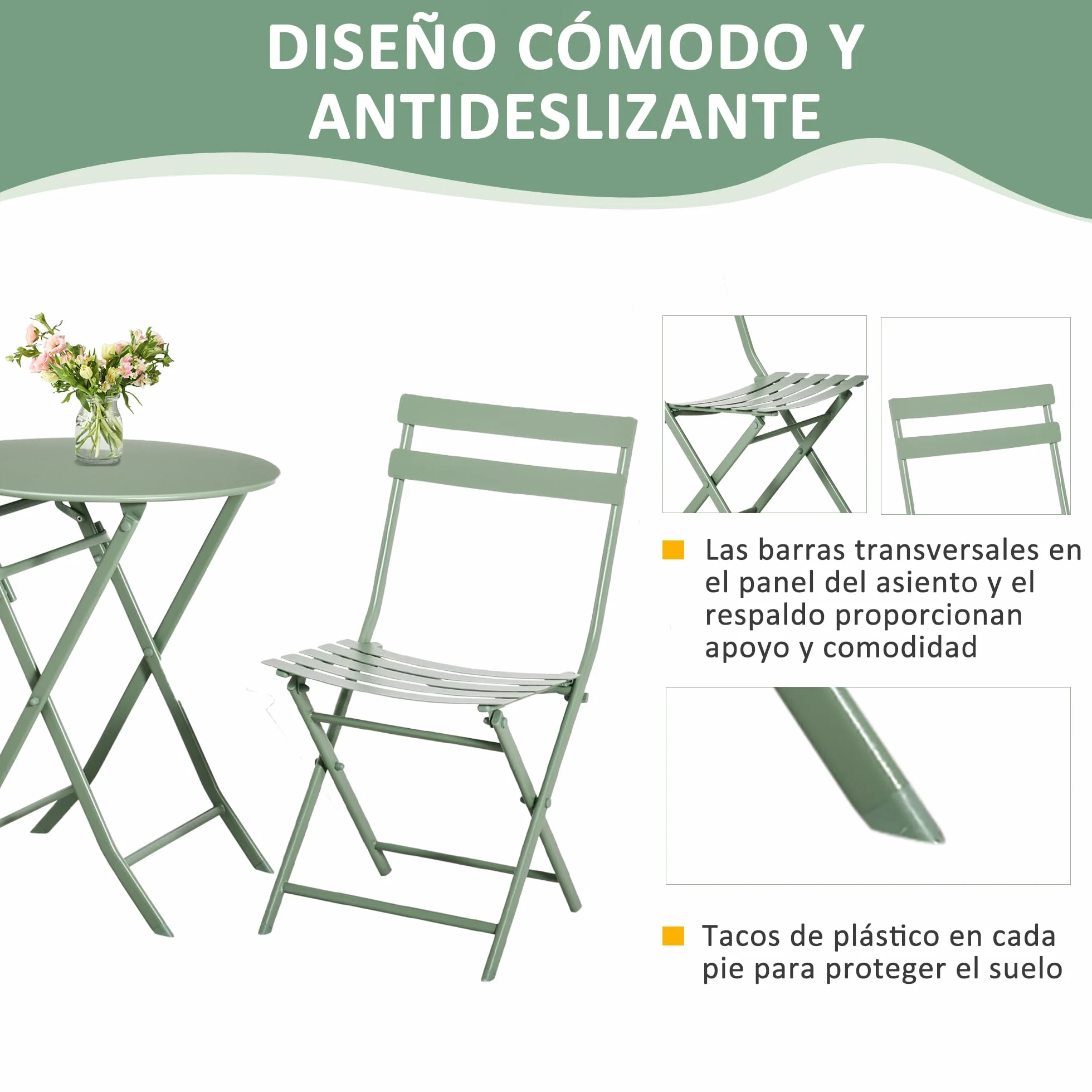 Outsunny Conjunto de Muebles de Jardín Plegable 1 Mesa Redonda y 2 Sillas con Marco de Acero Verde Oscuro