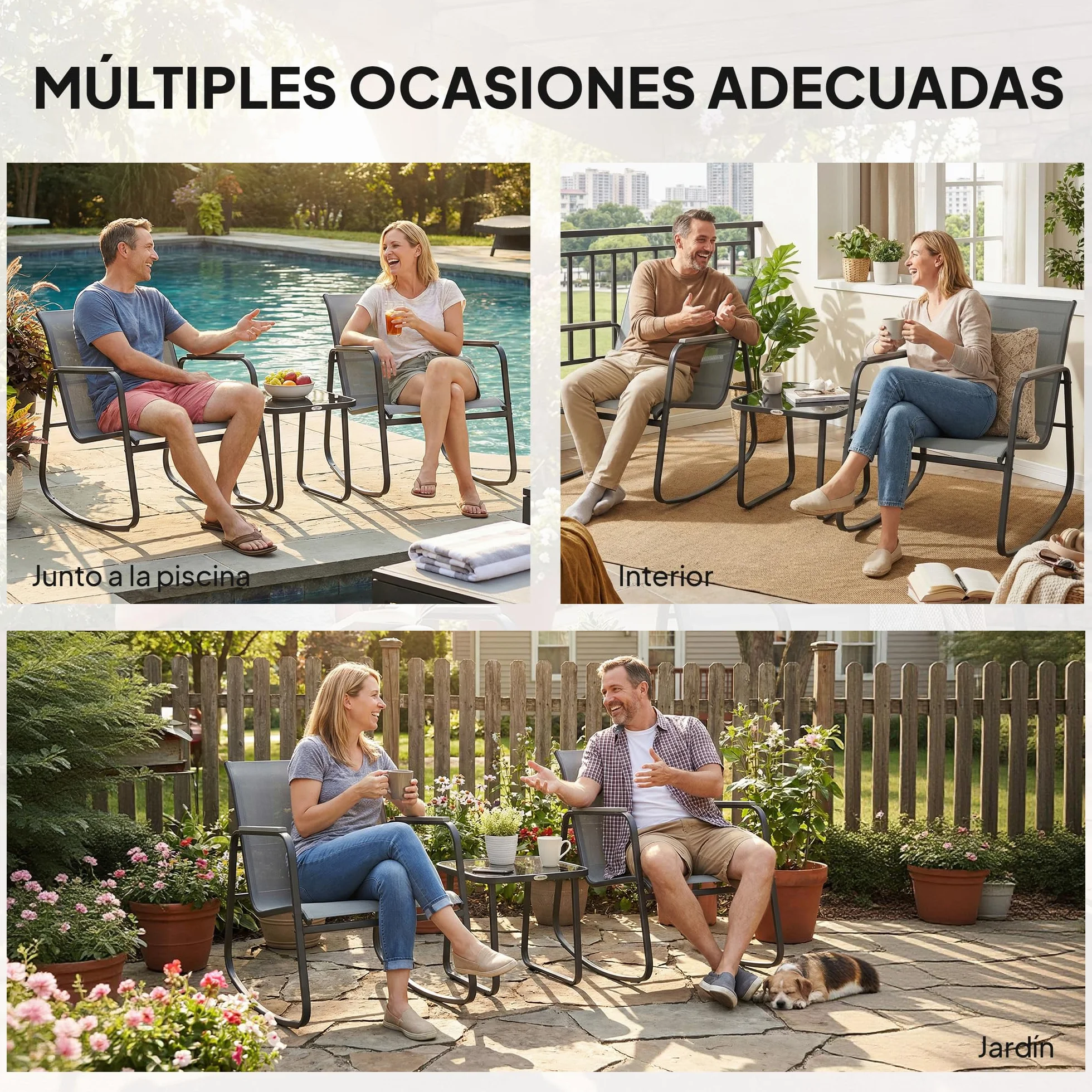 Outsunny Conjunto de Mesa y Sillas de Terraza Exterior 3 Piezas, Muebles de Jardín con 2 Sillas Mecedoras, Mesa de Vidrio y Acero, Gris