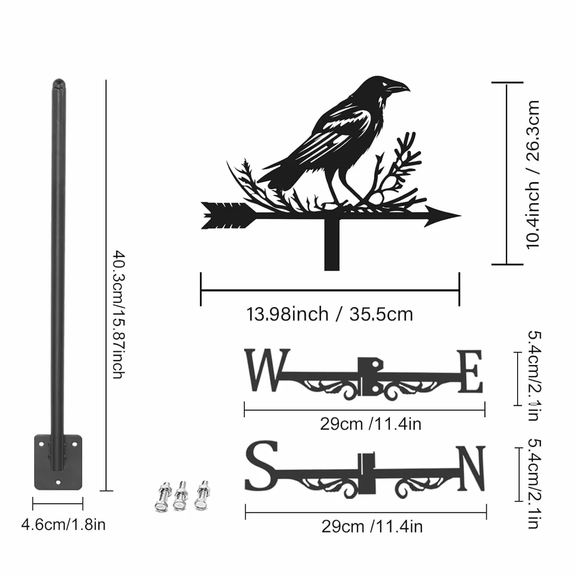 Veleta de Metal con Forma de Cuervo, Indicador Dirección Viento, Adorno Jardín Techo