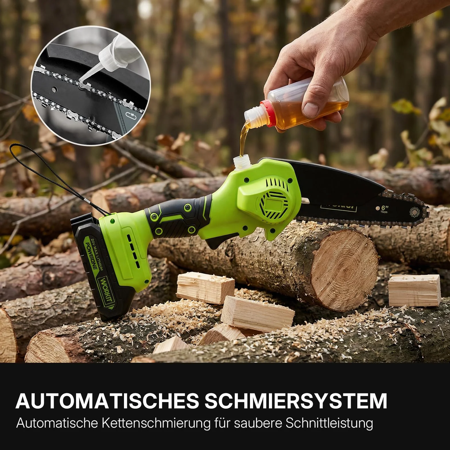 WORKIT Mini motosierra de 20 V con batería, batería sin escobillas, motosierra y batería de 15 cm, sierra de podar con batería y una sola mano, incluye 2 baterías de 2,0 Ah y engrasador automático