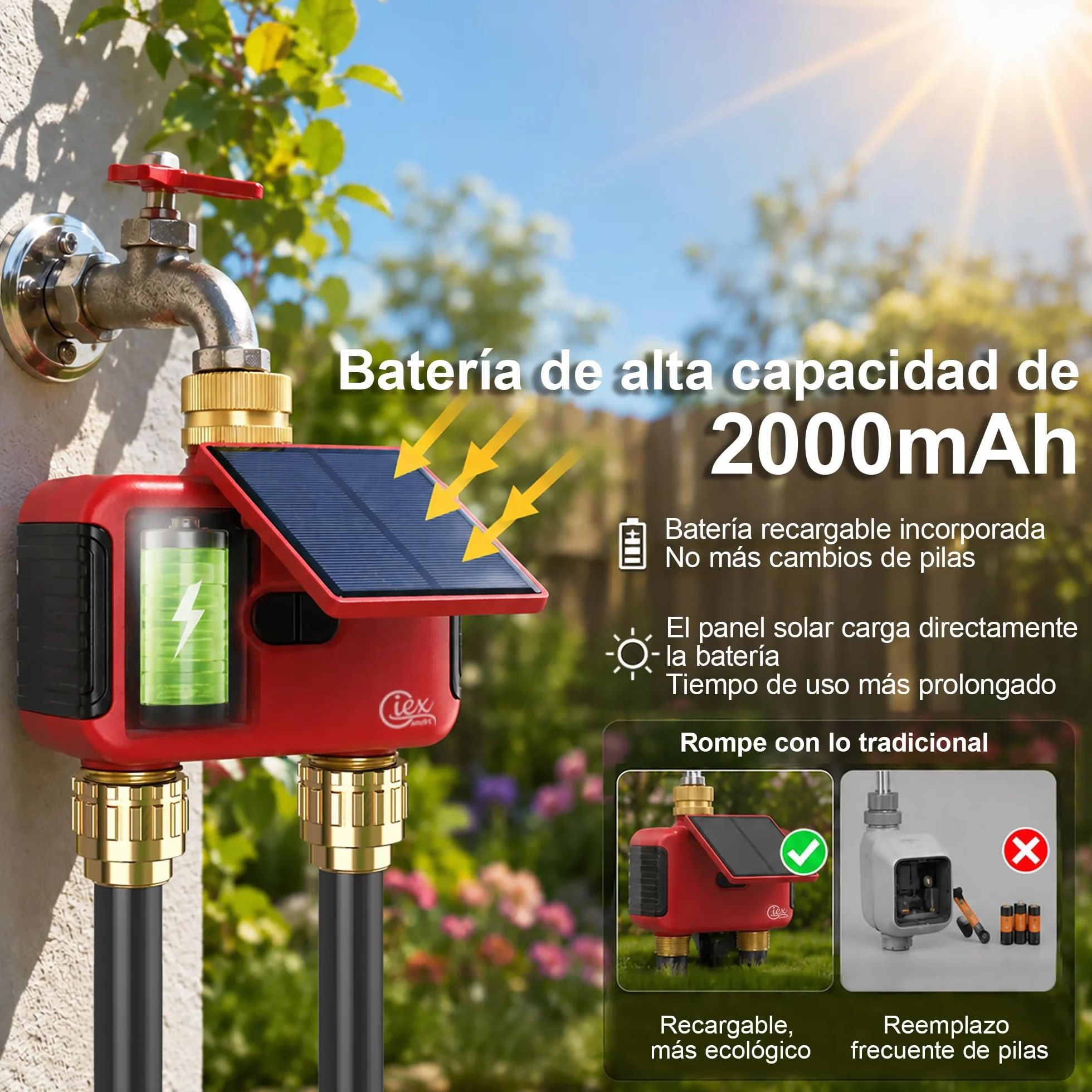 Programador de riego WiFi 2 Zonas, Temporizador Solar Recargable Doble Salida, Conectores Latón, App Smart Life, Alexa Google Assistant