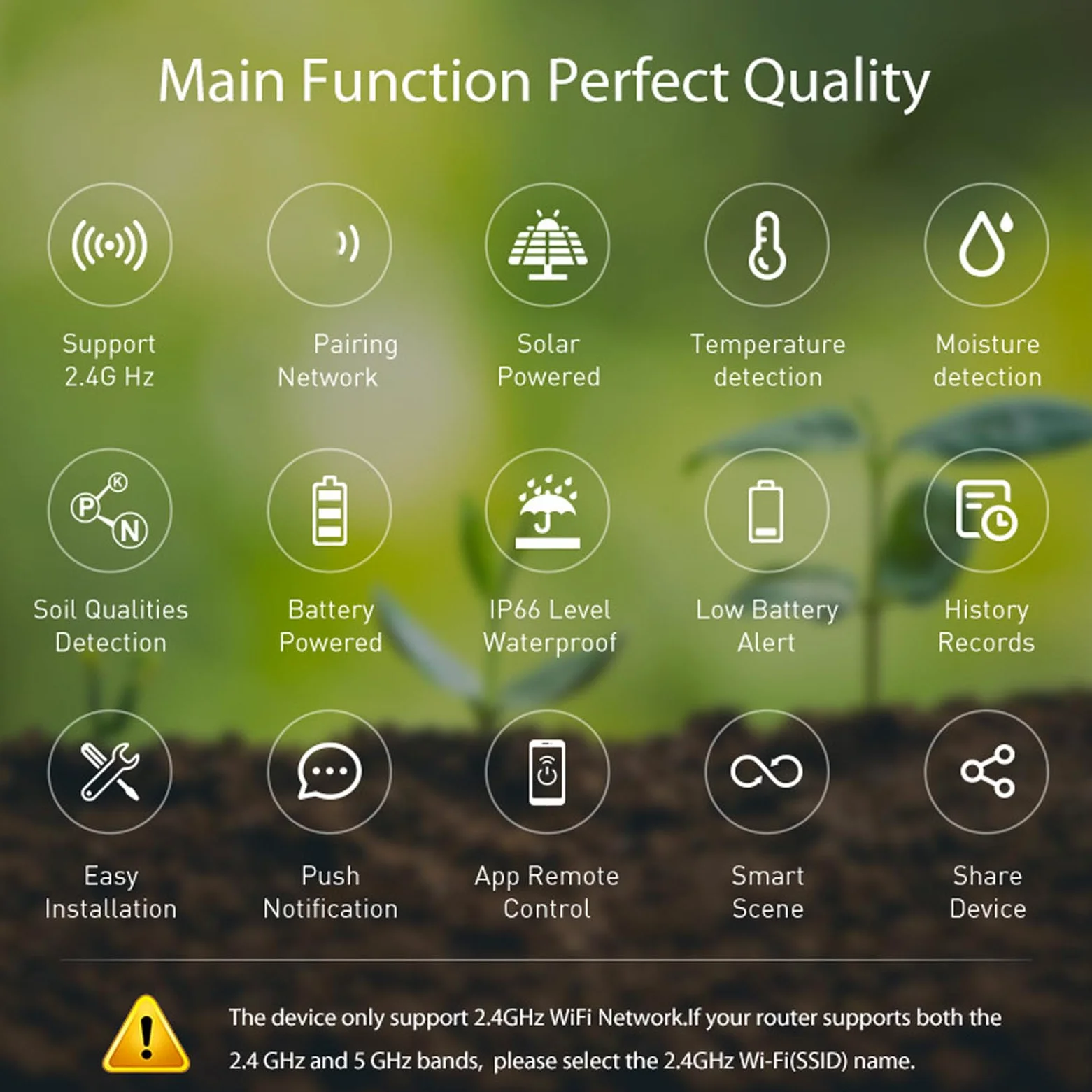 Buachois Sensor de Suelo Solar, Medición de Humedad Temperatura y Conductividad con WiFi y Bluetooth, Material ABS para Jardín Huerto Interior Exterior