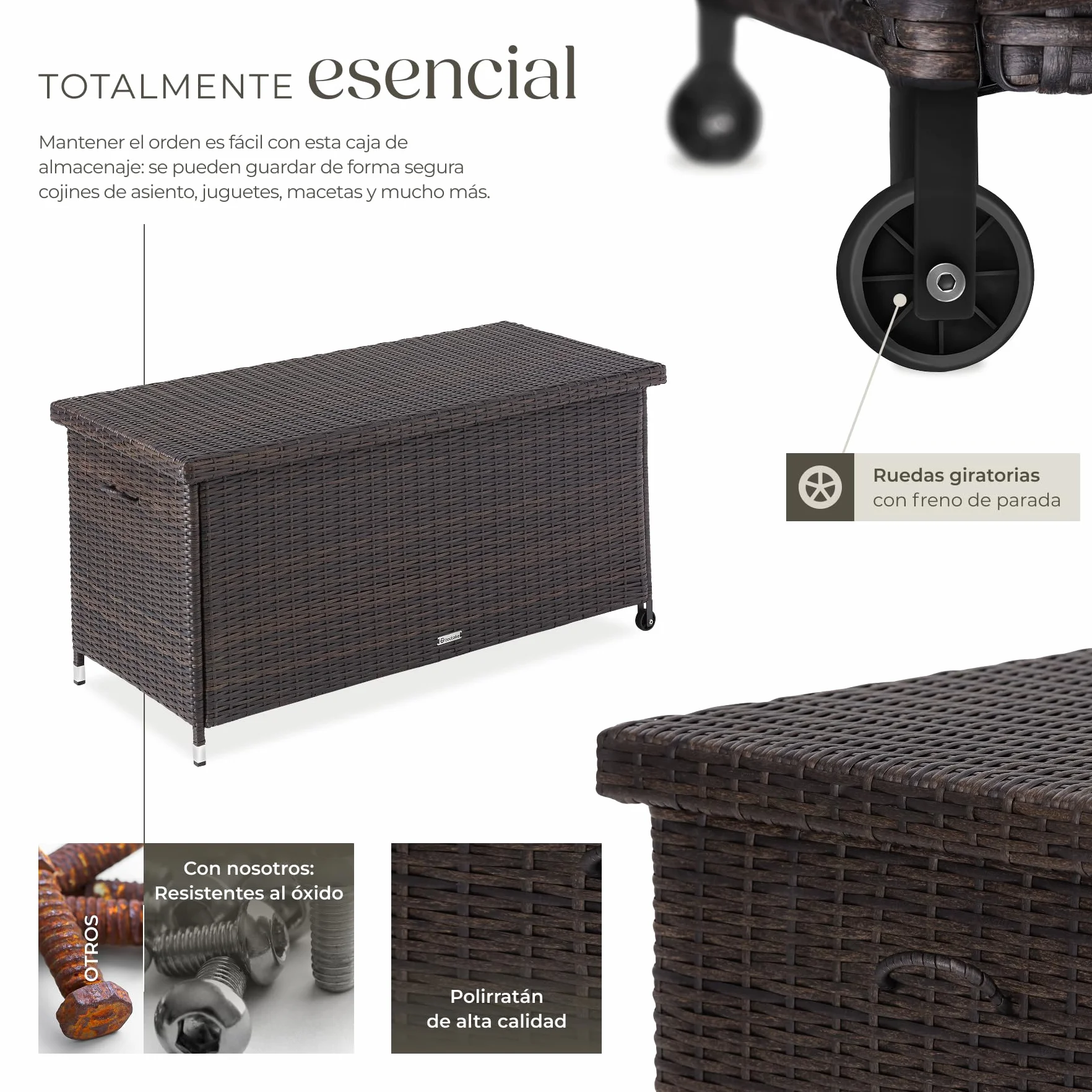 tectake Baúl de Almacenaje Exterior Polirratán 270L 121x56x60 cm