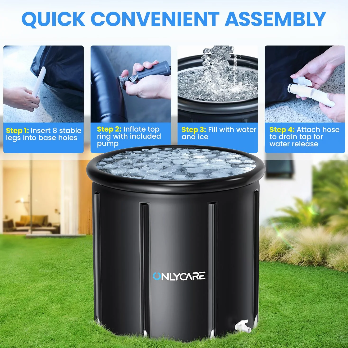 ONLYCARE Bañera de hielo para atletas – Tina de inmersión fría XXL de 130 galones con cubierta – Cápsula de hielo portátil de agua fría de múltiples capas para recuperación de terapia en casa gimnasio