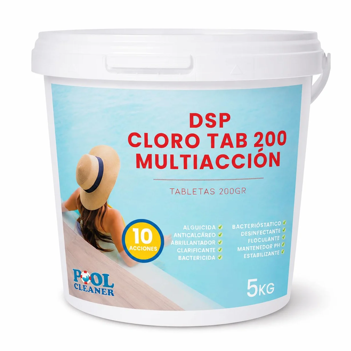 DSP Cloro Tab 200 Multiacción 5KG Pastillas 200gr | Tratamiento Completo para Piscina | Agua Cristalina y Desinfectada | Disolucion Lenta (Cloro 10 Acciones)