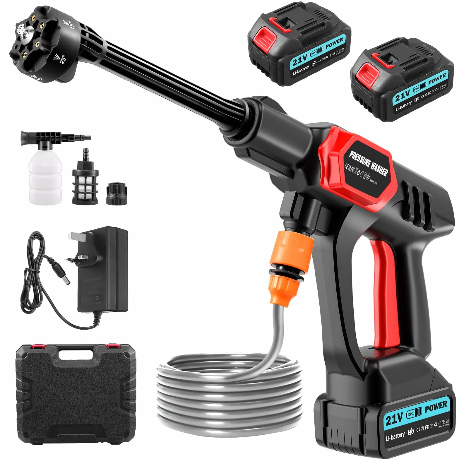 Hidrolimpiadora de Alta Presión,80Bar/1160PSI Hidrolimpiadora Inalámbrica,Portátil Pistola de Agua a Presión con 2×3.0Ah Baterías,Boquilla 6 en 1,Manguera 5m,para Limpiar Coche, Terraza, Jardín