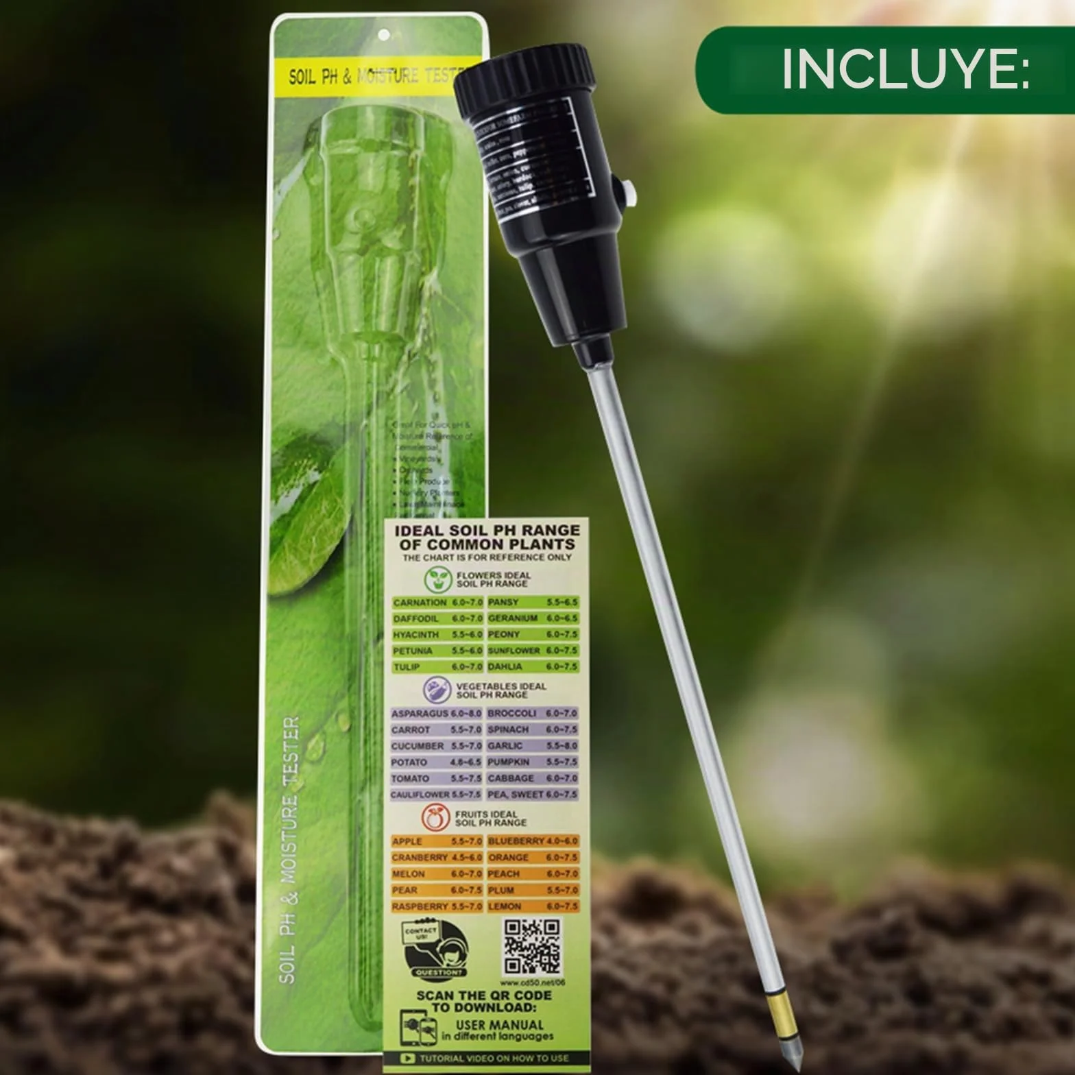 Medidor De PH Y Humedad Del Suelo Con Sonda De Electrodos De 295 Mm De Largo, Herramientas De Kit De Probador De Suelo A Prueba De Agua, Para Jardines Interiores Y Exteriores