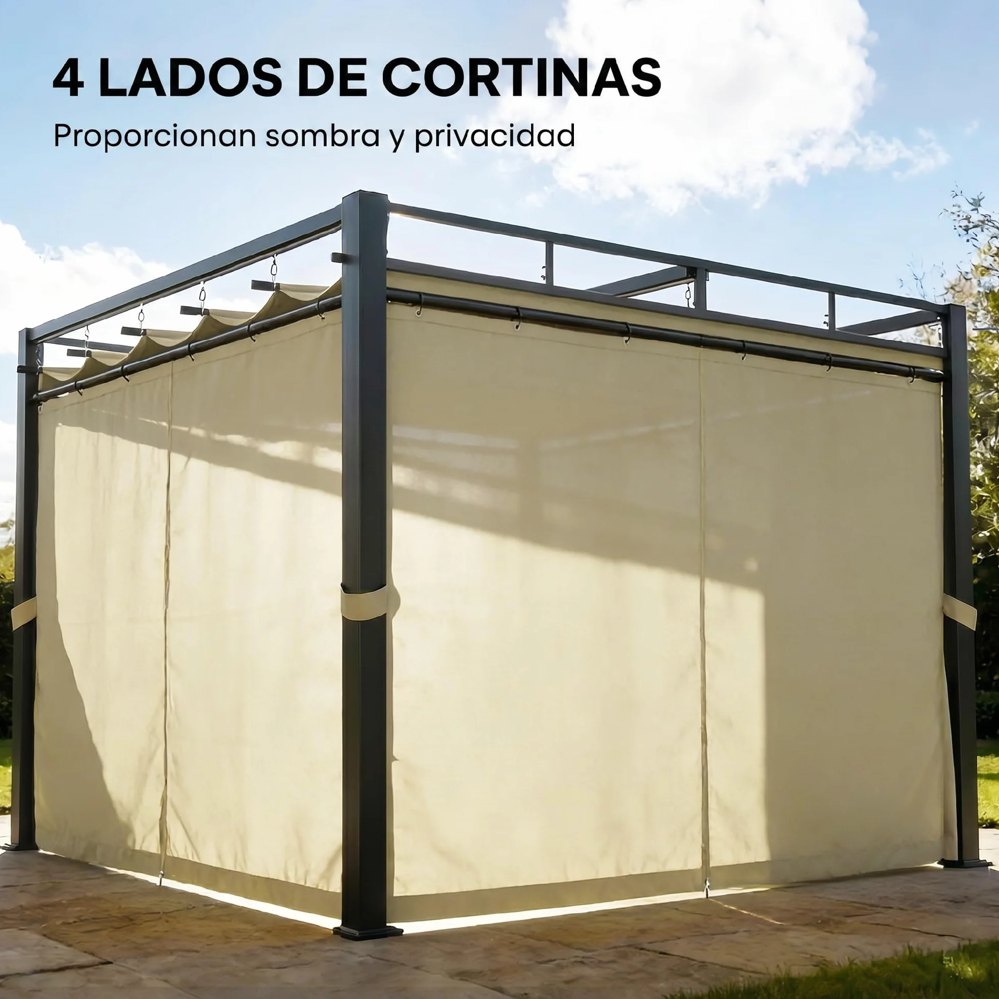 Outsunny Pérgola de Jardín 3x3 m con Techo Retráctil y 4 Cortinas, Cenador de Jardín con Protección UV30+, Impermeable, Estructura Metálica, Pabellón para Patio, Terraza, Exterior, Beige
