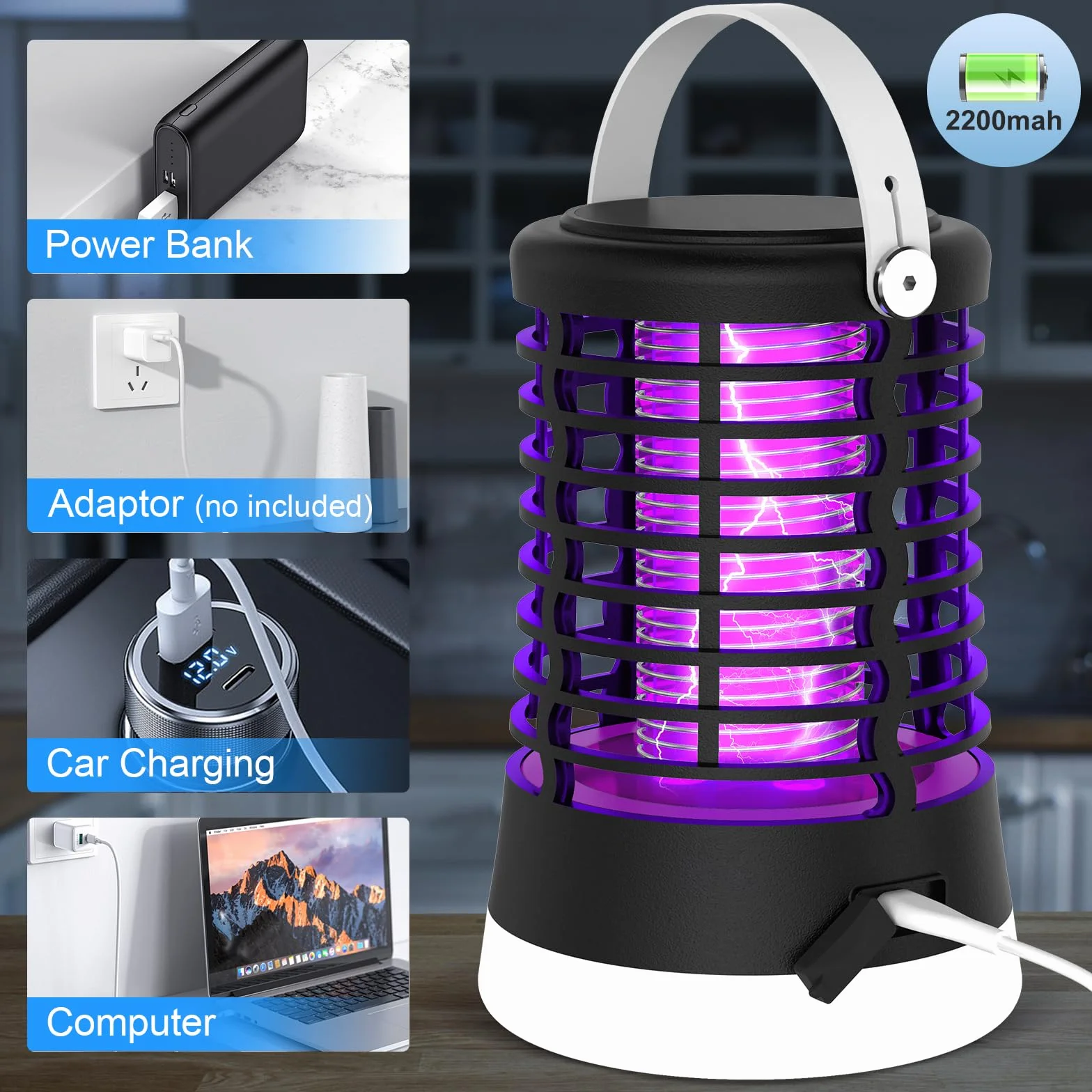 Lámpara Antimosquitos Exterior 2000V Mata Mosquitos Eléctrico IP66 Impermeable Recargable USB Tipo-C Batería 2200mAh LED 3 en 1 para Camping Jardín