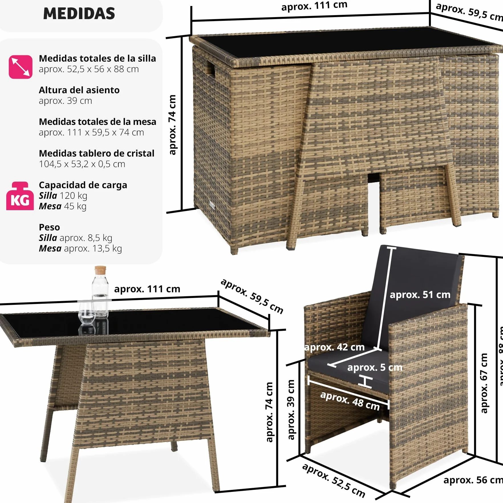tectake Conjunto Jardín Exterior Ratán Aluminio 2 Sillas Cojines Mesa Cristal Apilable