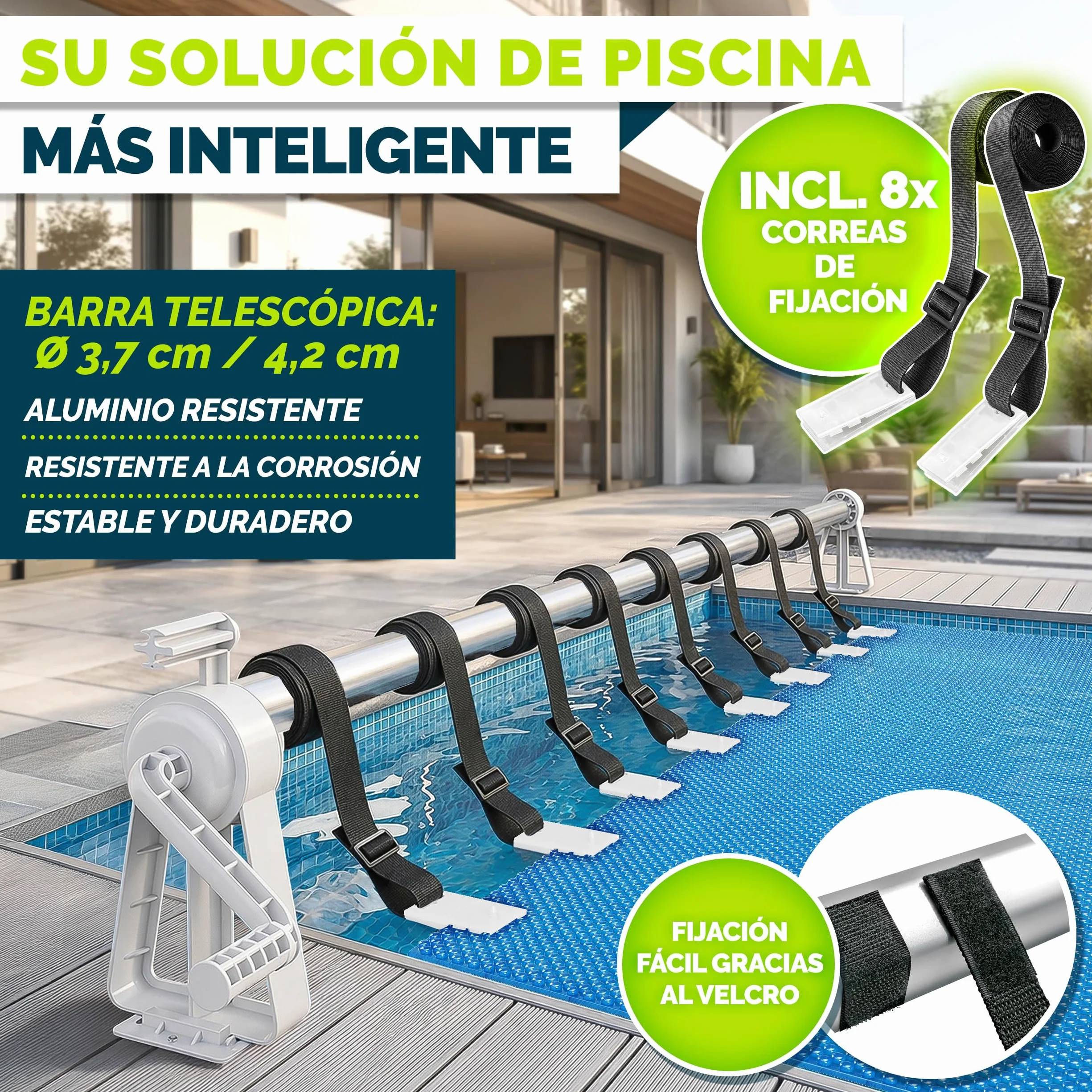 Tillvex Enrollador de Cubiertas para Piscinas 1,05-6,15 m con Termómetro Sistema Móvil de Enrollado para Lonas Láminas Solares