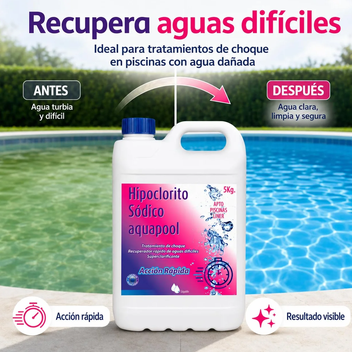 AQUAPOOL Cloro Choque Líquido Clarificante HIPOCLORITO SÓDICO 15% 6 KG 5 litros
