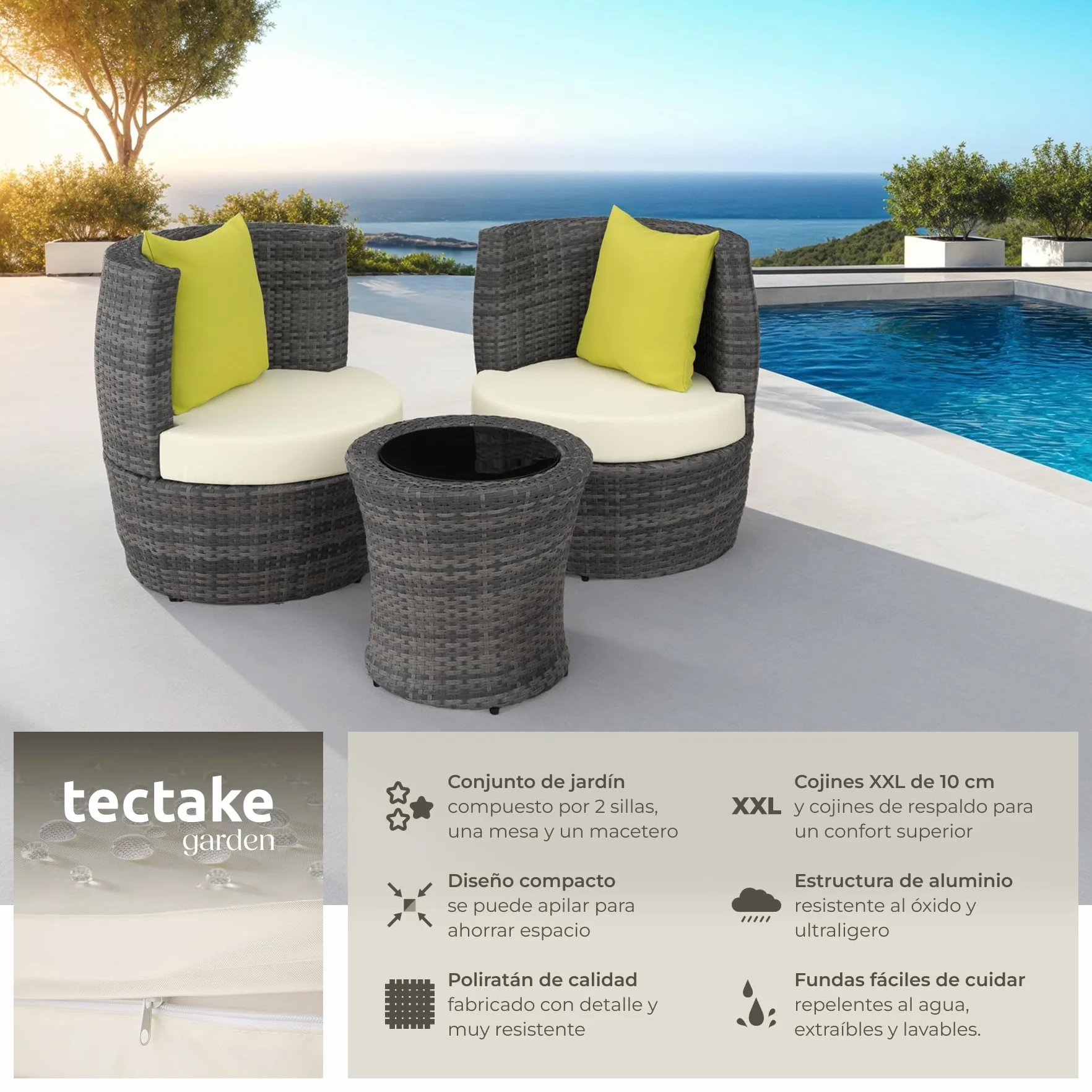 tectake® Conjunto Jardín Exterior de Ratán y Aluminio, Muebles Jardín Exterior Resistente a la Intemperie, 2 Sillas con Cojines, Mesa Cristal, Compacto, Asas en Respaldo Compacto - Gris