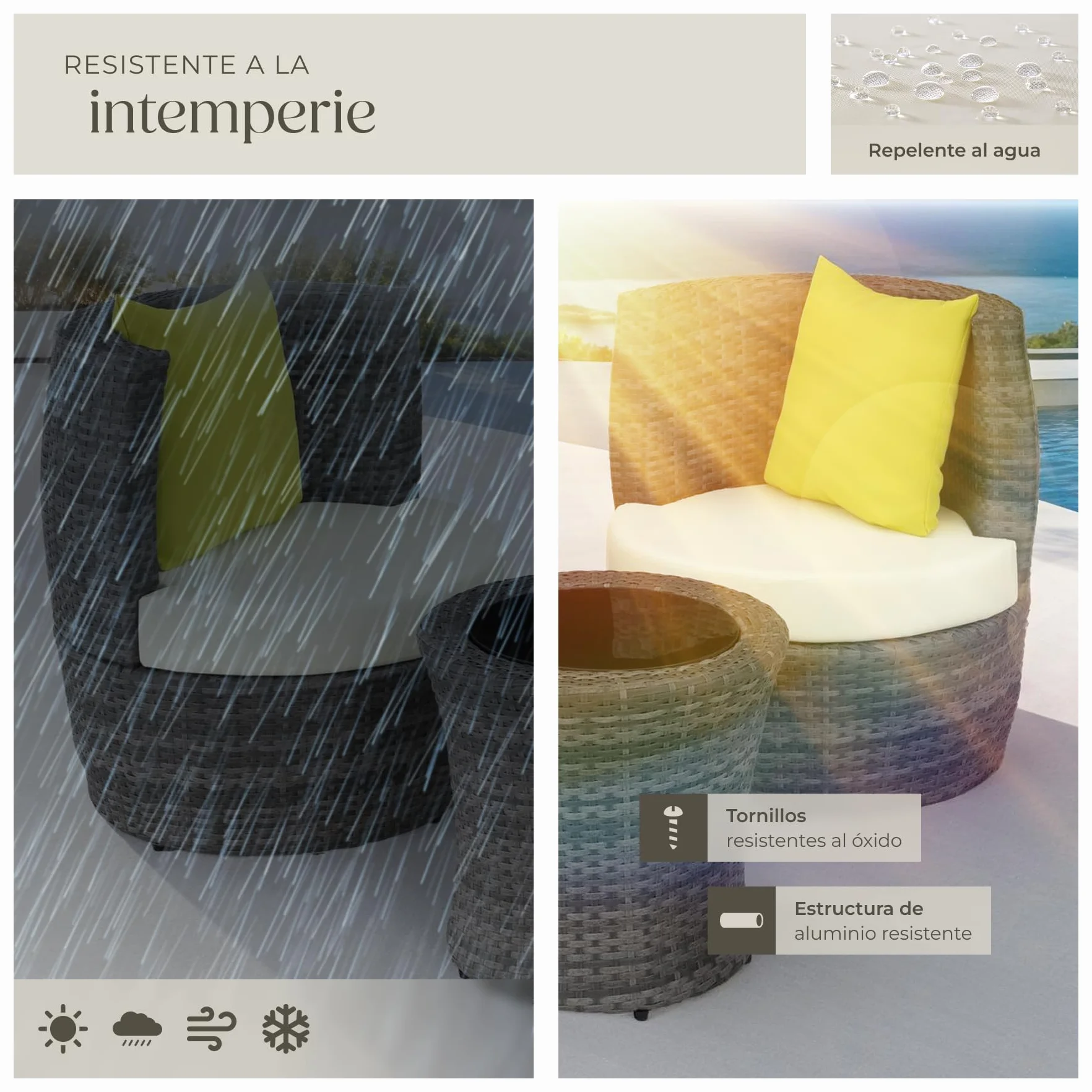 tectake® Conjunto Jardín Exterior de Ratán y Aluminio, Muebles Jardín Exterior Resistente a la Intemperie, 2 Sillas con Cojines, Mesa Cristal, Compacto, Asas en Respaldo Compacto - Gris