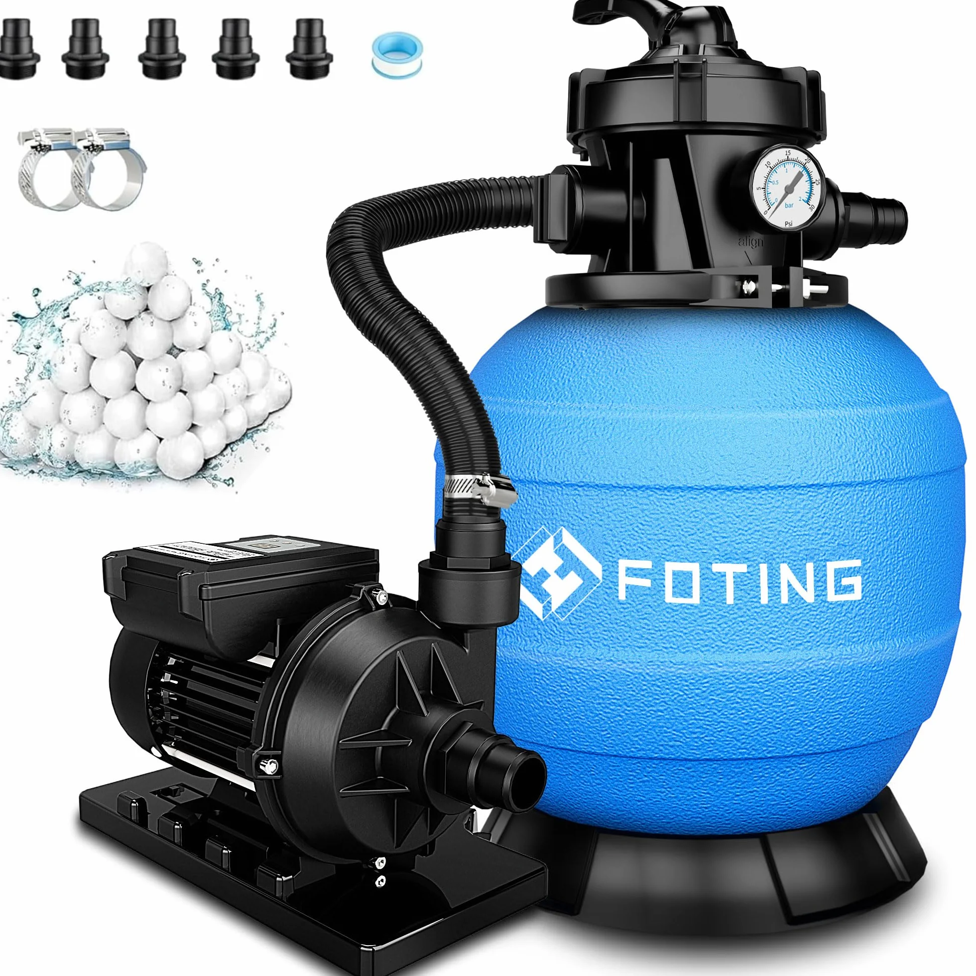 FOTING Depuradora de Arena 11500 L/h Filtro Piscina Bomba Válvula 7 Vías Manómetro