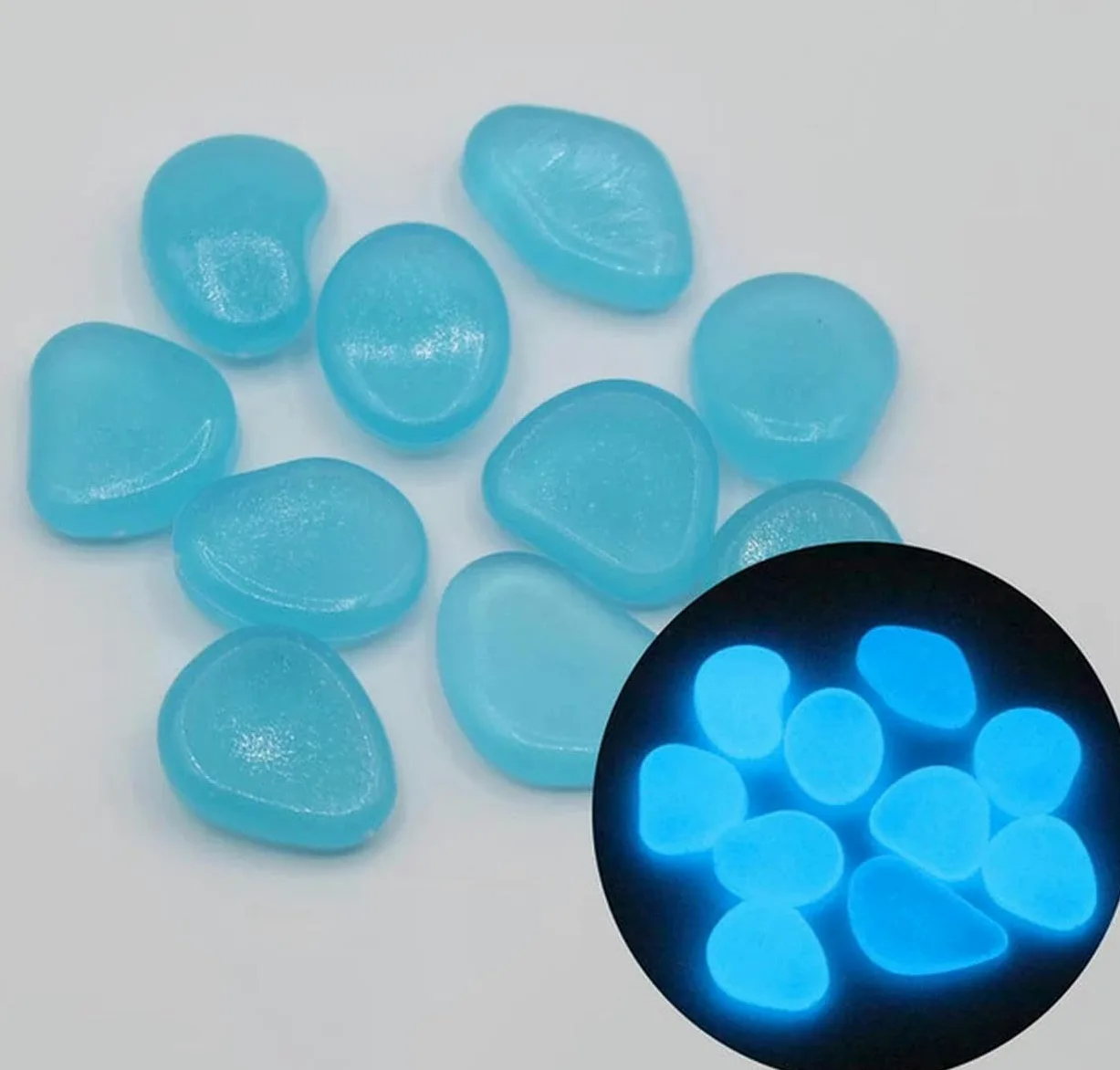 Piedras luminosas para jardín que brillan en la oscuridad, guijarros para peces al aire libre, rocas de guijarros para acuario, mezcla de colores, 400 piezas, azul