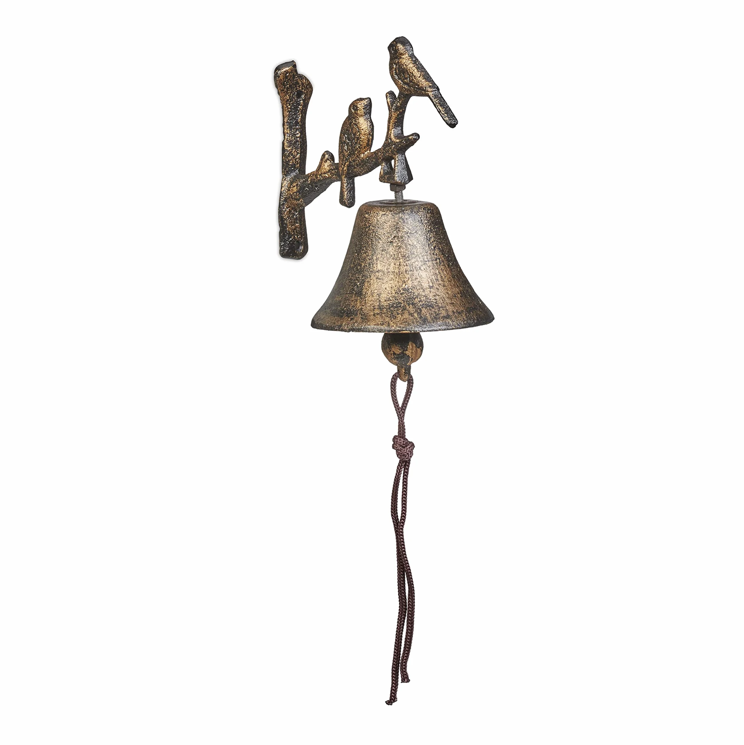 Relaxdays Campana Pared Rama Pajaritos Timbre Jardín Cuerda 20x10x13 cm Campanilla Mural Bronce
