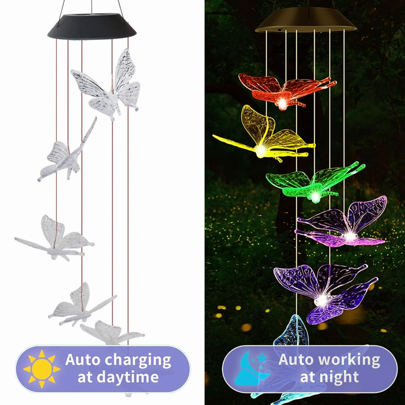 Carillón de viento solar LED mariposa cambio de color lámpara colgante jardín exterior