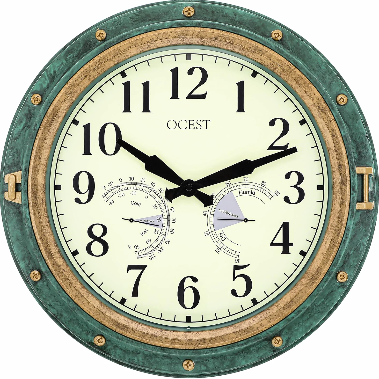 OCEST Reloj de pared impermeable 16 pulgadas termómetro higrómetro silencioso sin tictac funciona con pilas decoración hogar patio verde retro