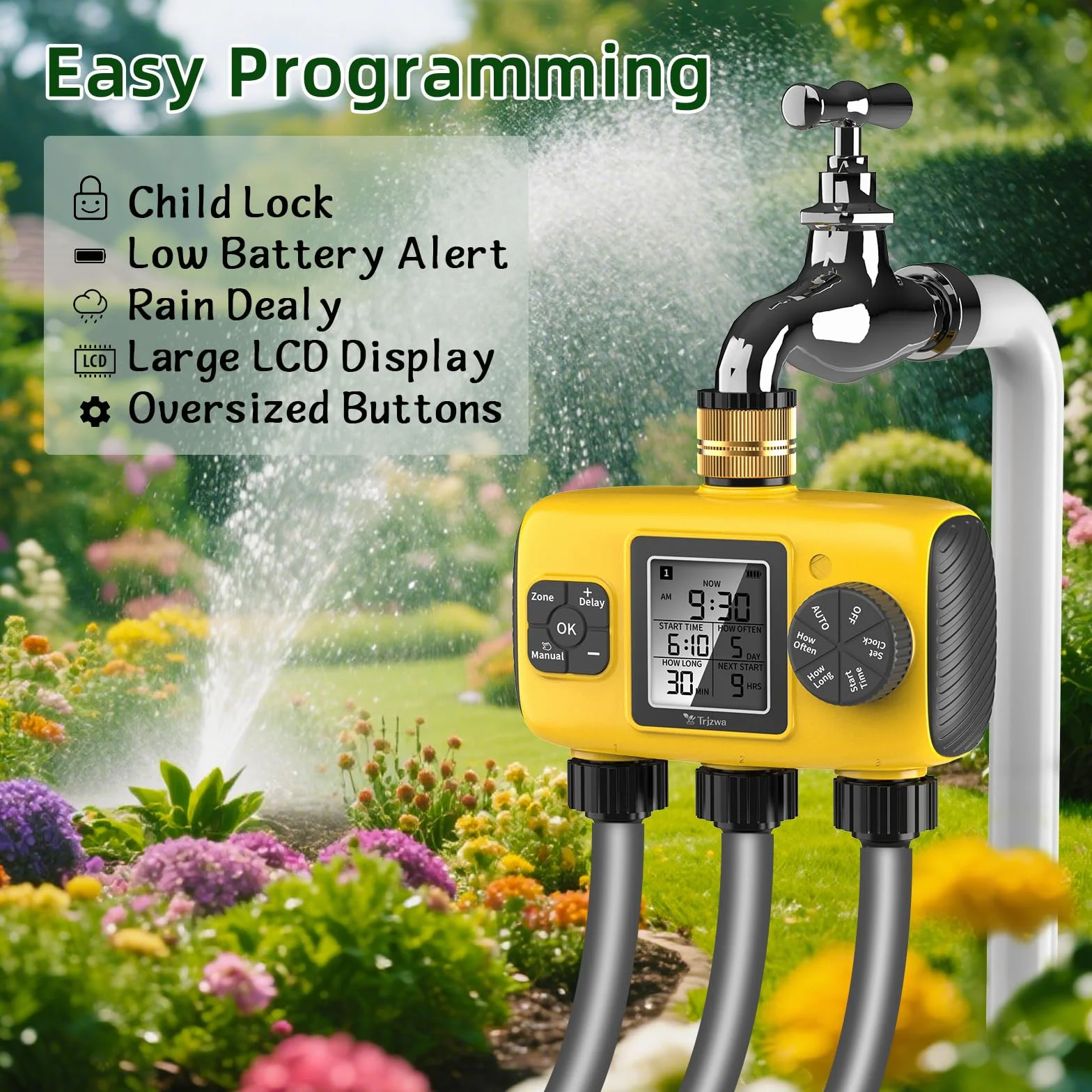 Programador de Riego Automático 3 Salidas IP65 Pantalla LCD Retardo de Lluvia