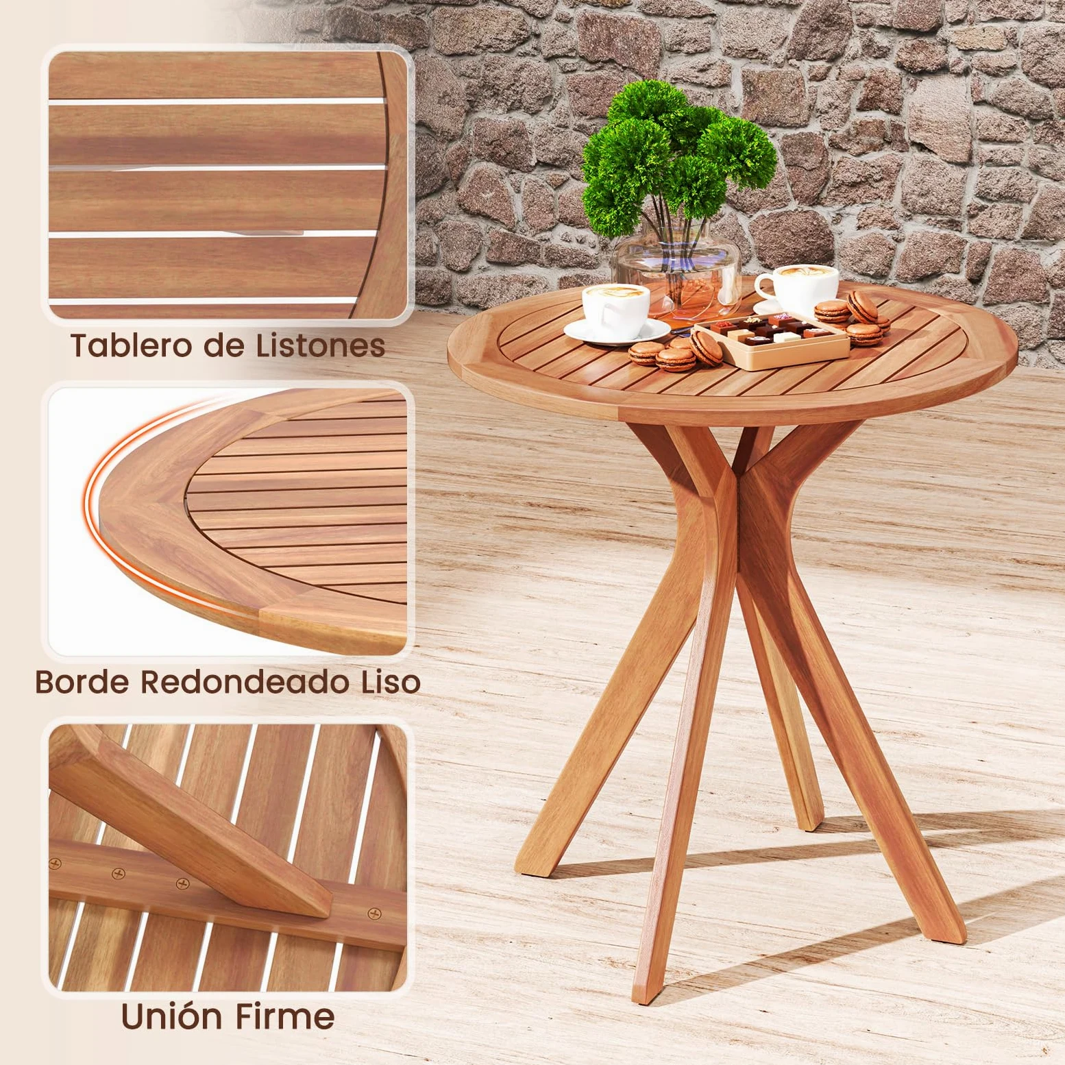 COSTWAY Mesa Auxiliar de Madera para Patio, Mesa de Jardín Redonda de 70 cm con Base de X, Mesa Auxiliar de Café para Jardín, Patio, Sala de Estar