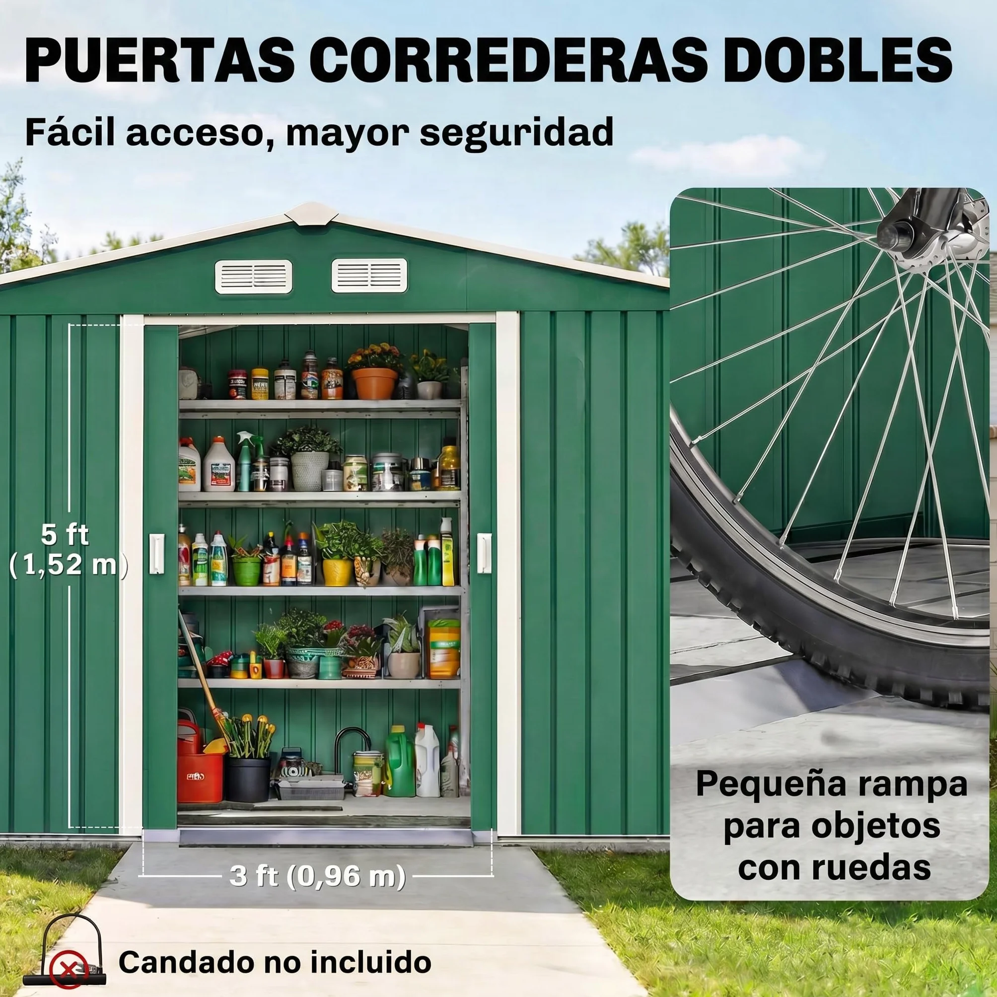 Outsunny Caseta de Jardín Exterior 4,9 m², 277x195x192 cm, Cobertizo Metálico con Puerta Corredera, Verde Oscuro