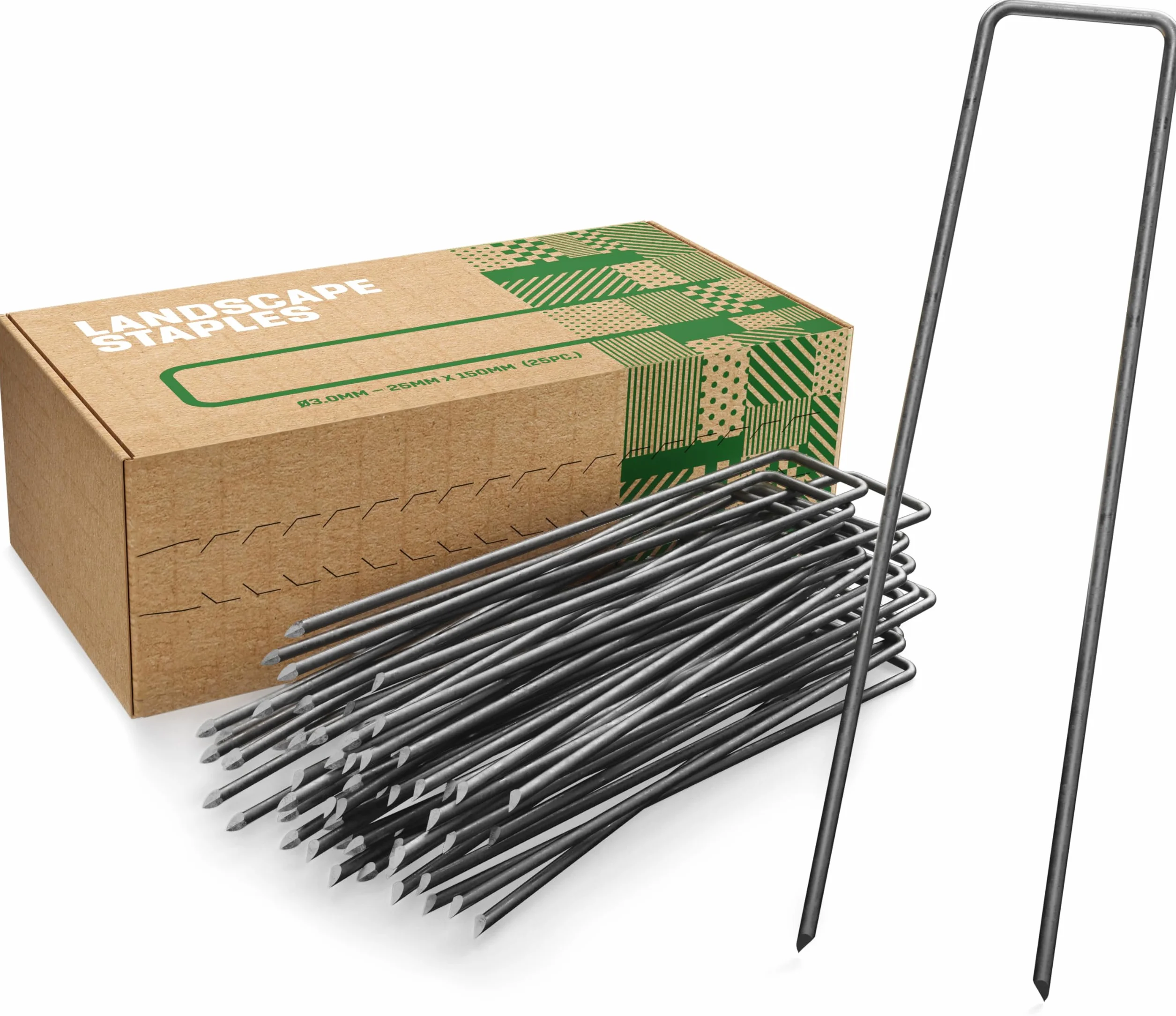 GardenGloss Grapas de Sujeción de Acero Robusto - Anclaje de Tierra para Malla Antihierbas - 150 mm x 25 mm x 2.7 mm (25 Piezas)